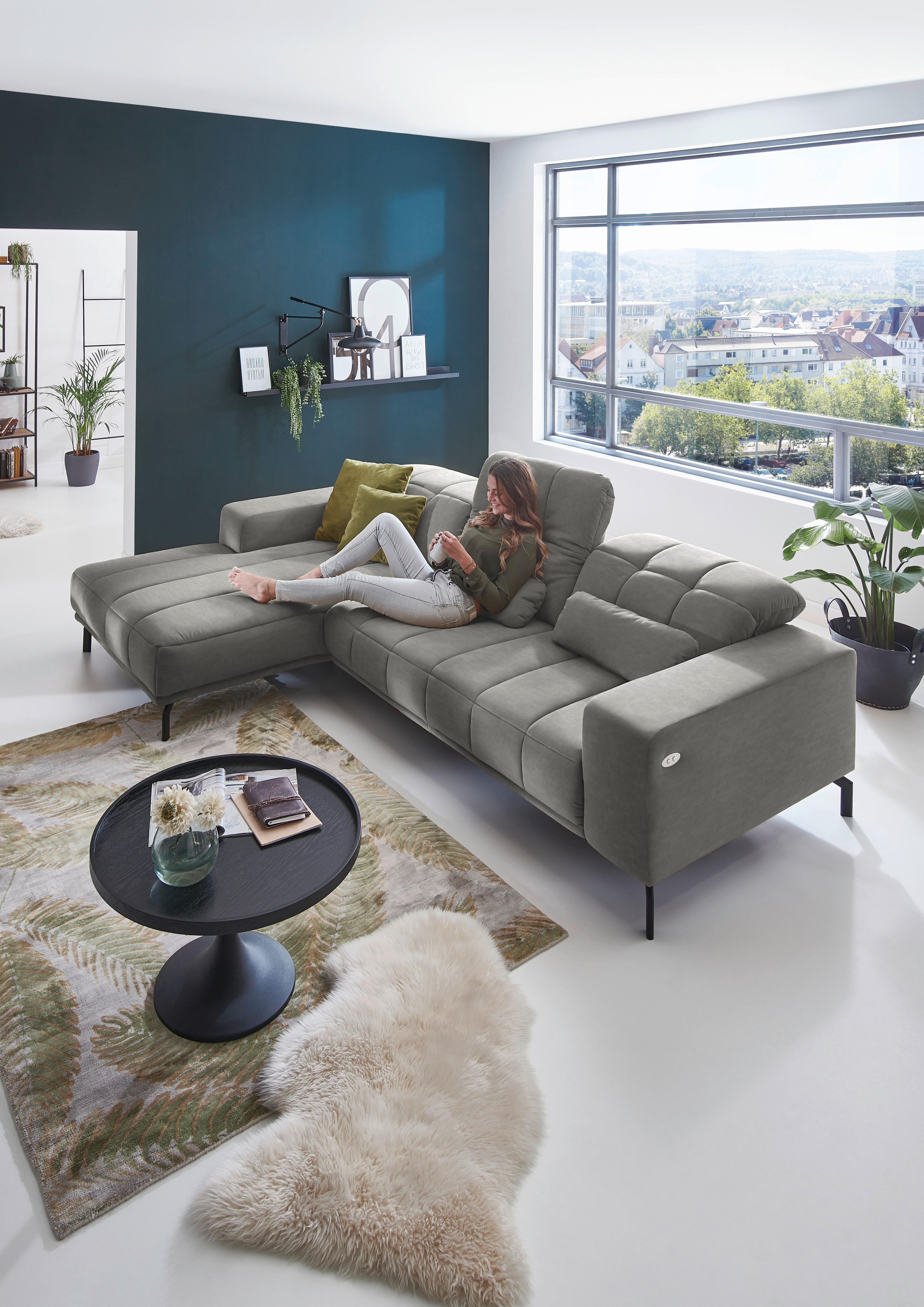 ECKSOFA in Velours Hellgrau  - Hellgrau/Schwarz, Design, Textil/Metall (195/293cm) - Beldomo Style
