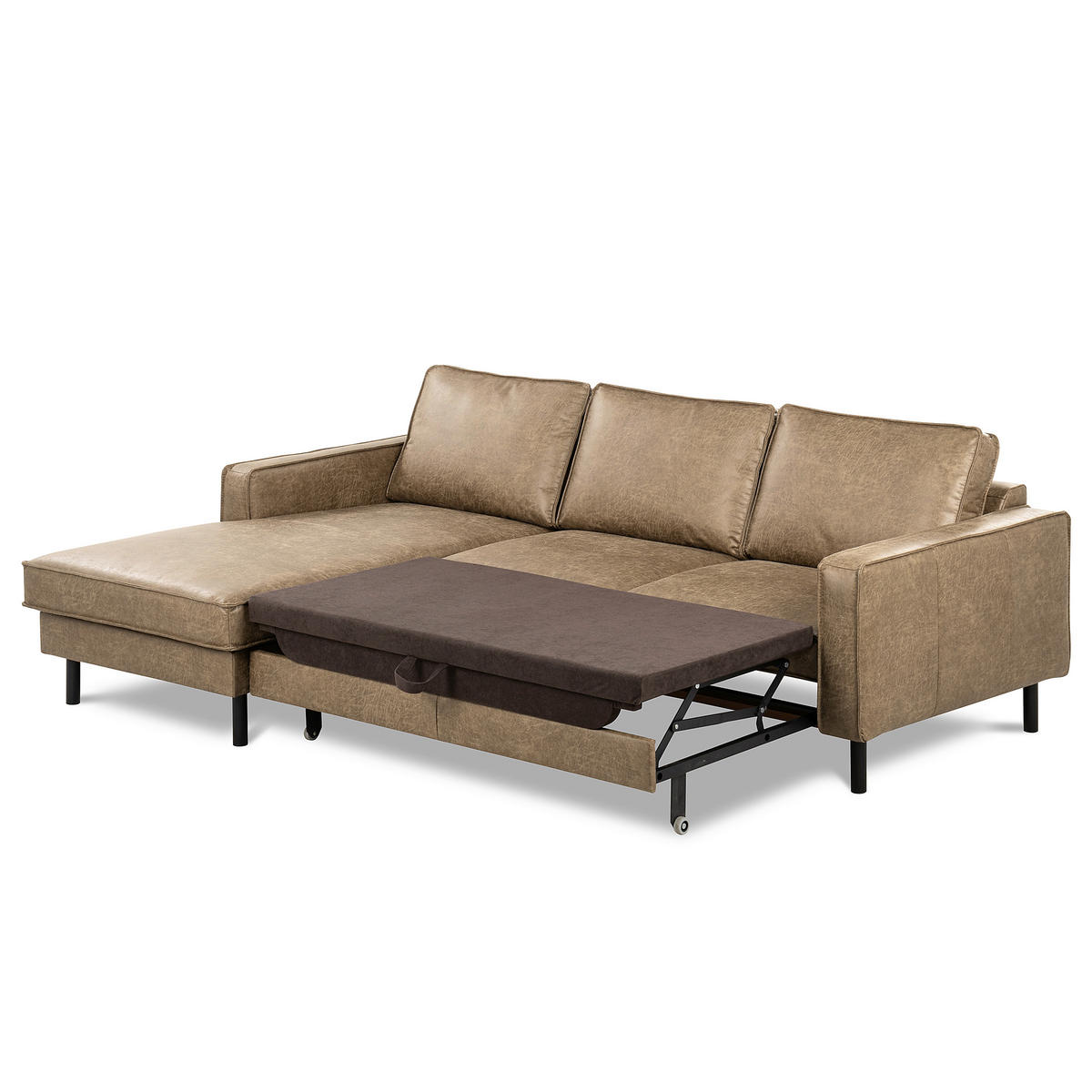 ECKSOFA Graubraun Echtleder Lederlook Bettkasten, Schlaffunktion, Rücken echt  - Graubraun/Schwarz, Design, Leder/Textil (166/238cm) - Livetastic