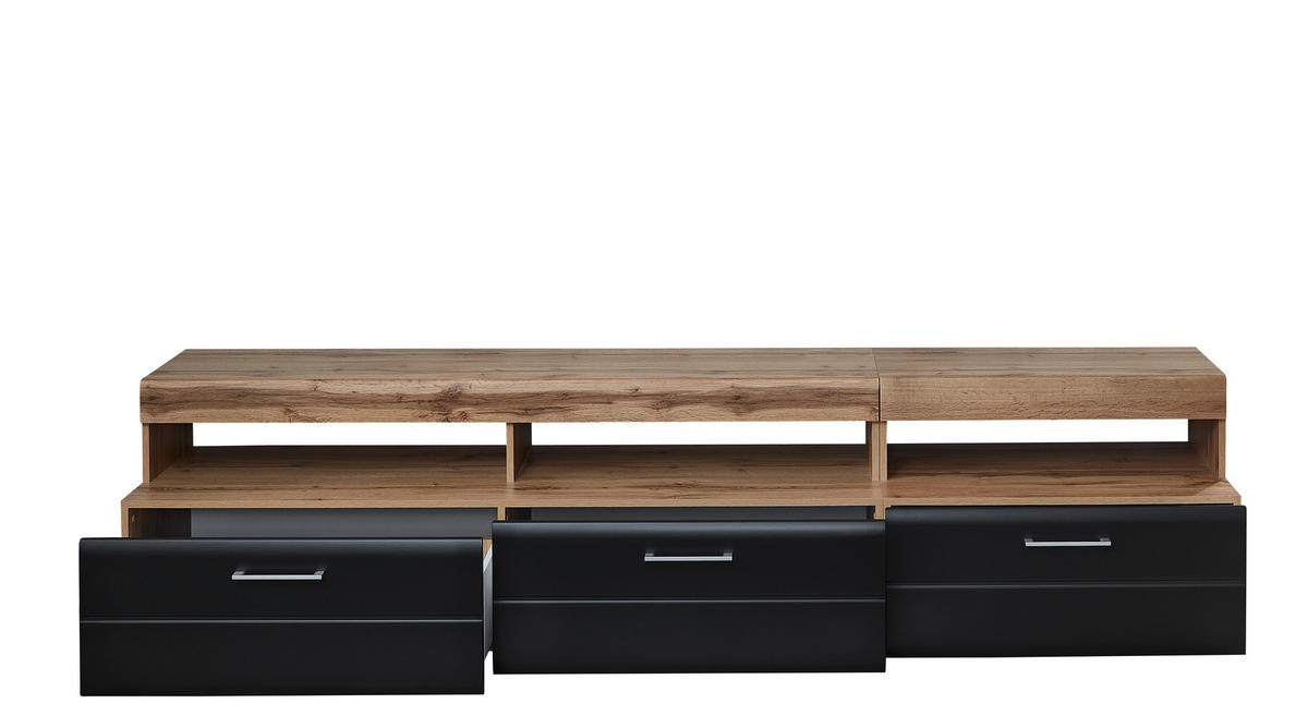 SET MOBILA LIVING in negru, culoare lemn stejar  - culoare crom/culoare lemn stejar, Konventionell, sticlă/metal (330/208/52cm) - Hom`in