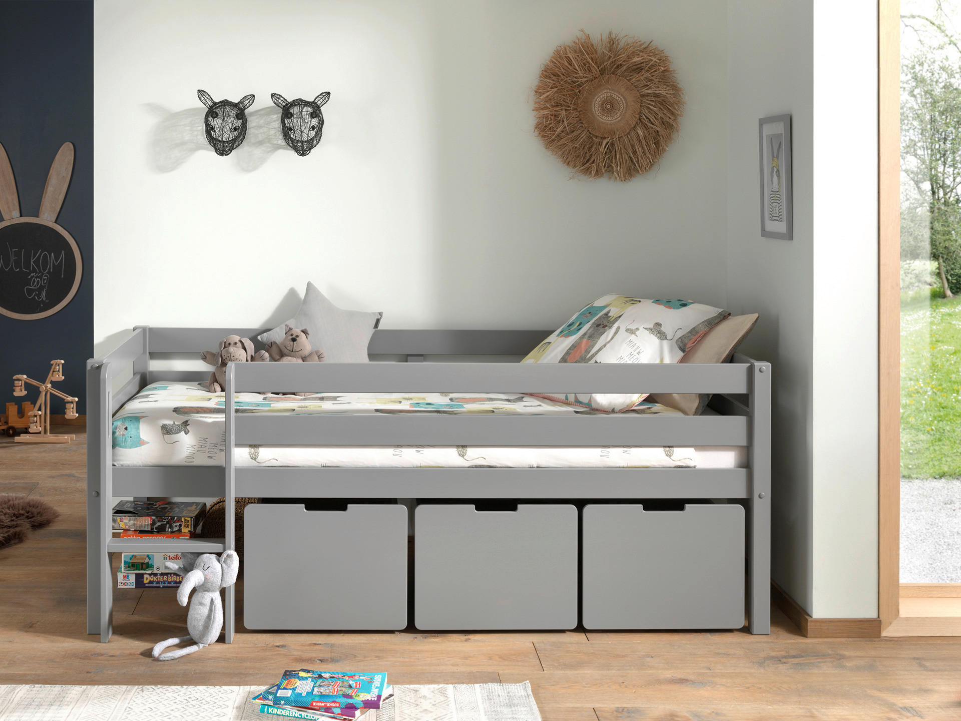 HOCHBETT 90/200 cm,  in Grau, Absturzsicherung, Rollrost, Bettschublade  - Grau, MODERN, Holz/Holzwerkstoff (90/200cm) - Vipack