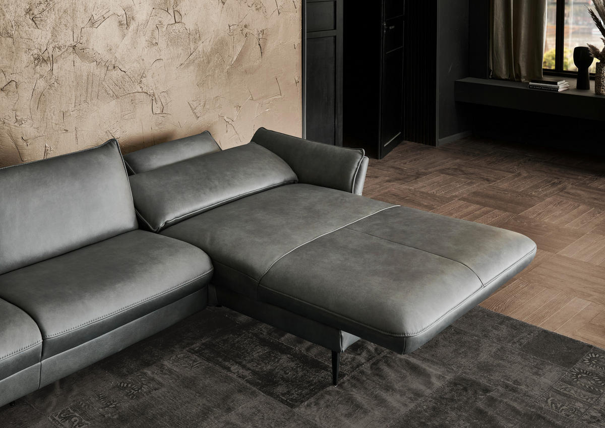 ECKSOFA in Echtleder Anthrazit  - Anthrazit/Schwarz, Design, Leder/Metall (334/172cm) - Hukla