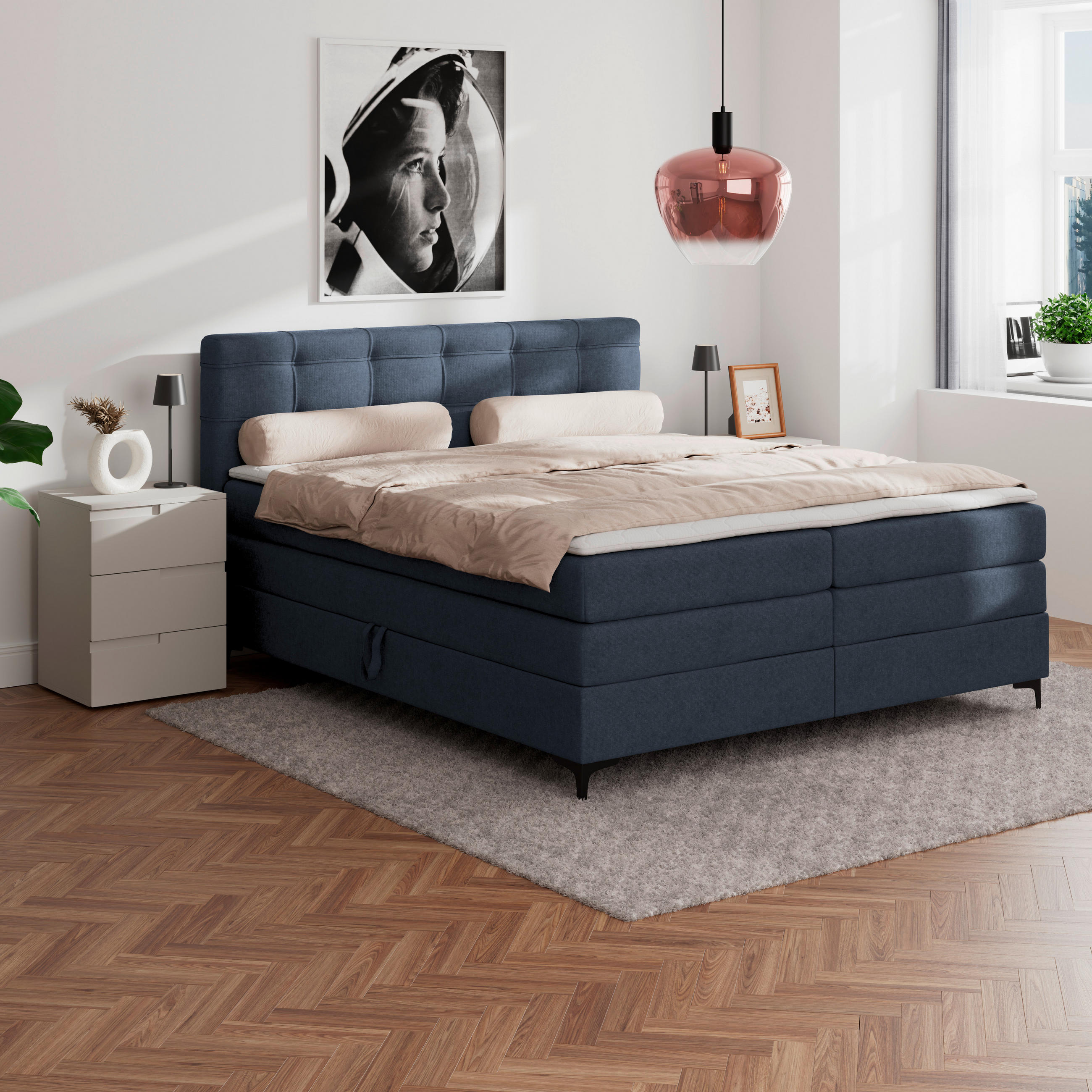 BOXSPRINGBETT 160/200 cm,  in Dunkelblau, H3 = fest  - Schwarz/Dunkelblau, KONVENTIONELL, Kunststoff/Textil (160/200cm)