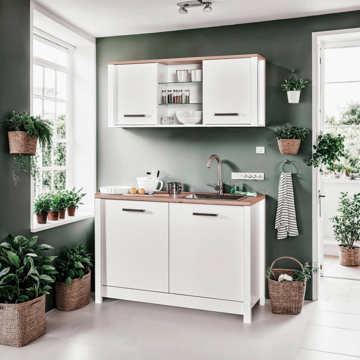 SPÜLENUNTERSCHRANK 130/92/60 cm  in Weiß, Eiche Artisan  - Silberfarben/Eiche Artisan, MODERN, Holzwerkstoff/Metall (130/92/60cm) - home24