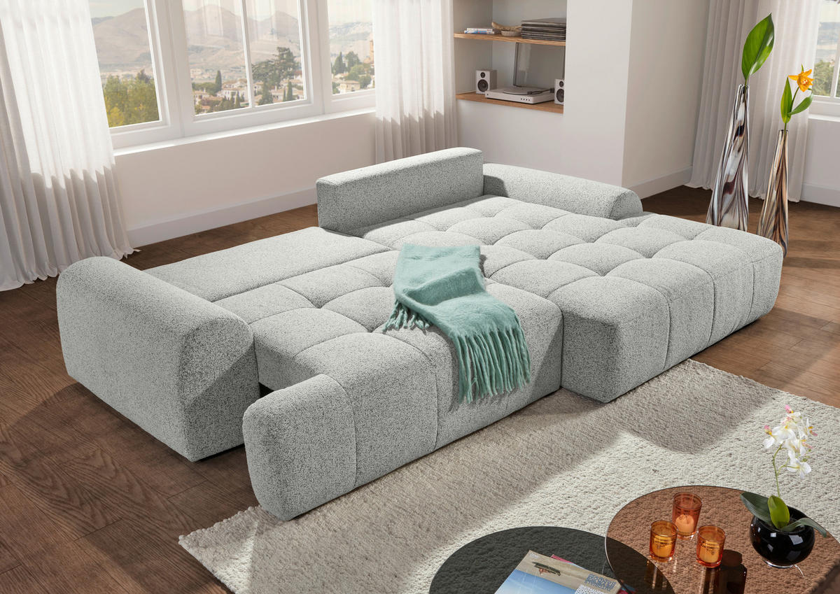 Ecksofa mit Funktion Creme Flachgewebe Zierkissen, Rückenkissen, Bettkasten, Schlaffunktion, Rücken echt, Liegefläche im Originalstoff  - Creme/Schwarz, KONVENTIONELL, Kunststoff/Textil (277/190cm) - Carryhome