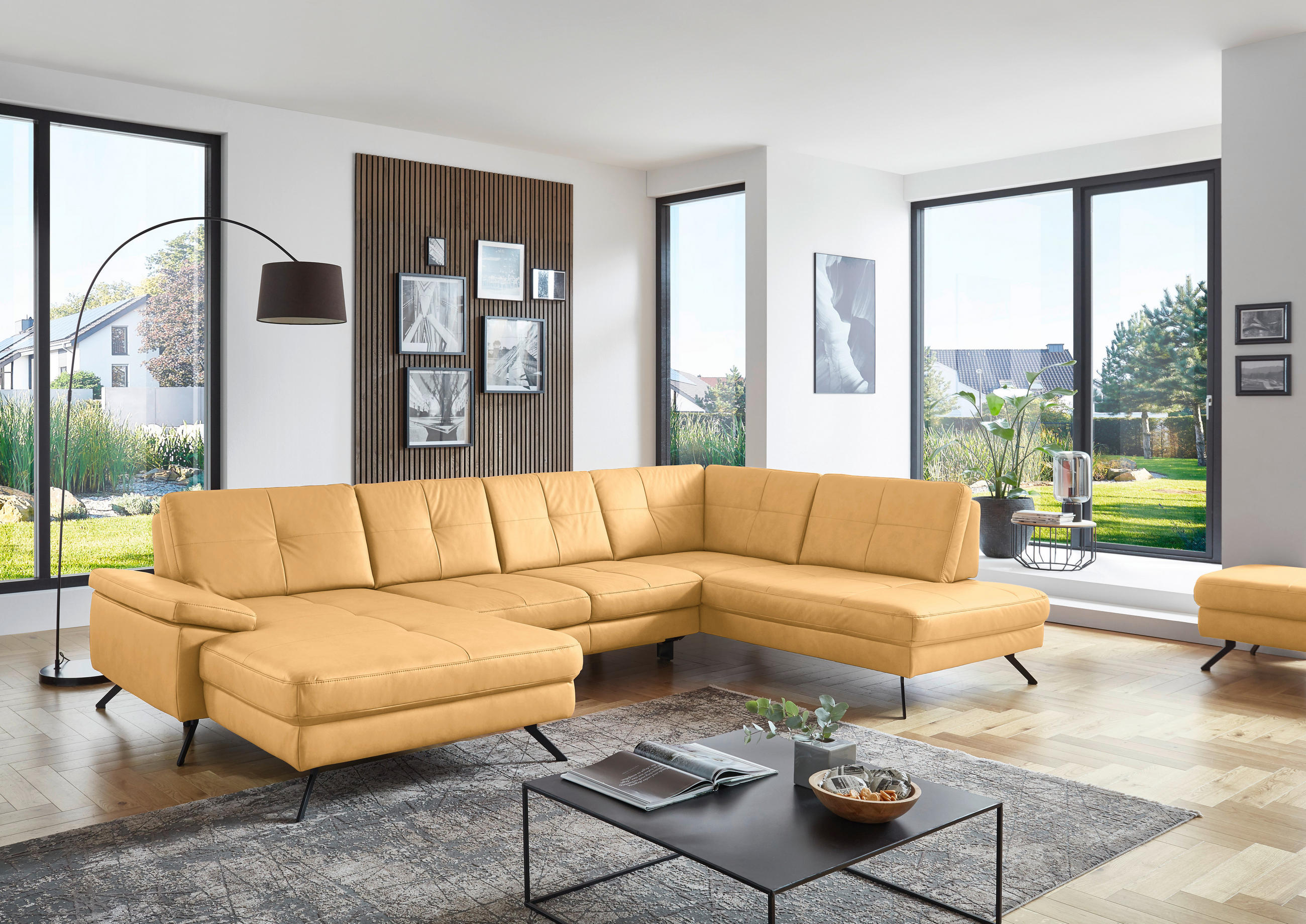 WOHNLANDSCHAFT in Mikrofaser, Lederlook Gelb  - Gelb/Schwarz, Design, Textil/Metall (345/220cm) - Beldomo System