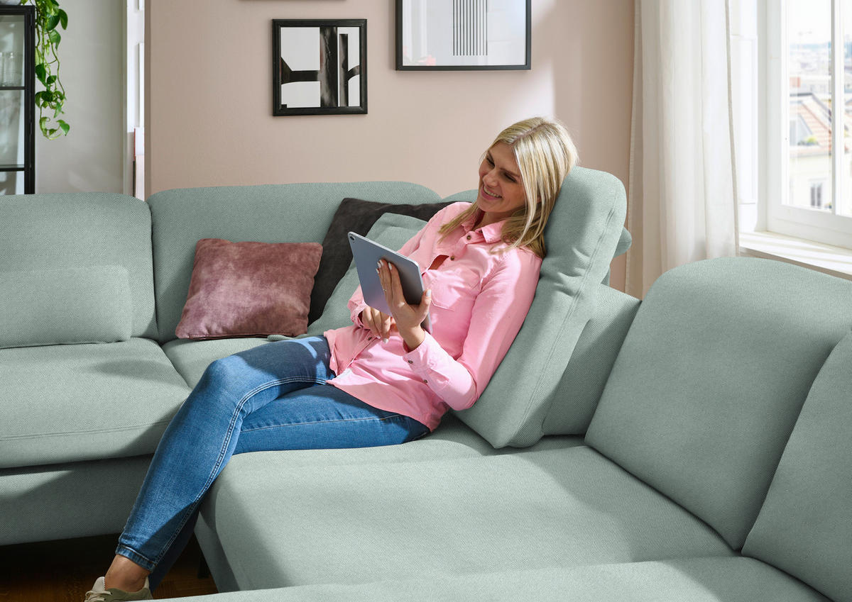 WOHNLANDSCHAFT  in Chenille Mintgrün  - Schwarz/Mintgrün, Design, Textil/Metall (255/369/198cm) - Beldomo Style