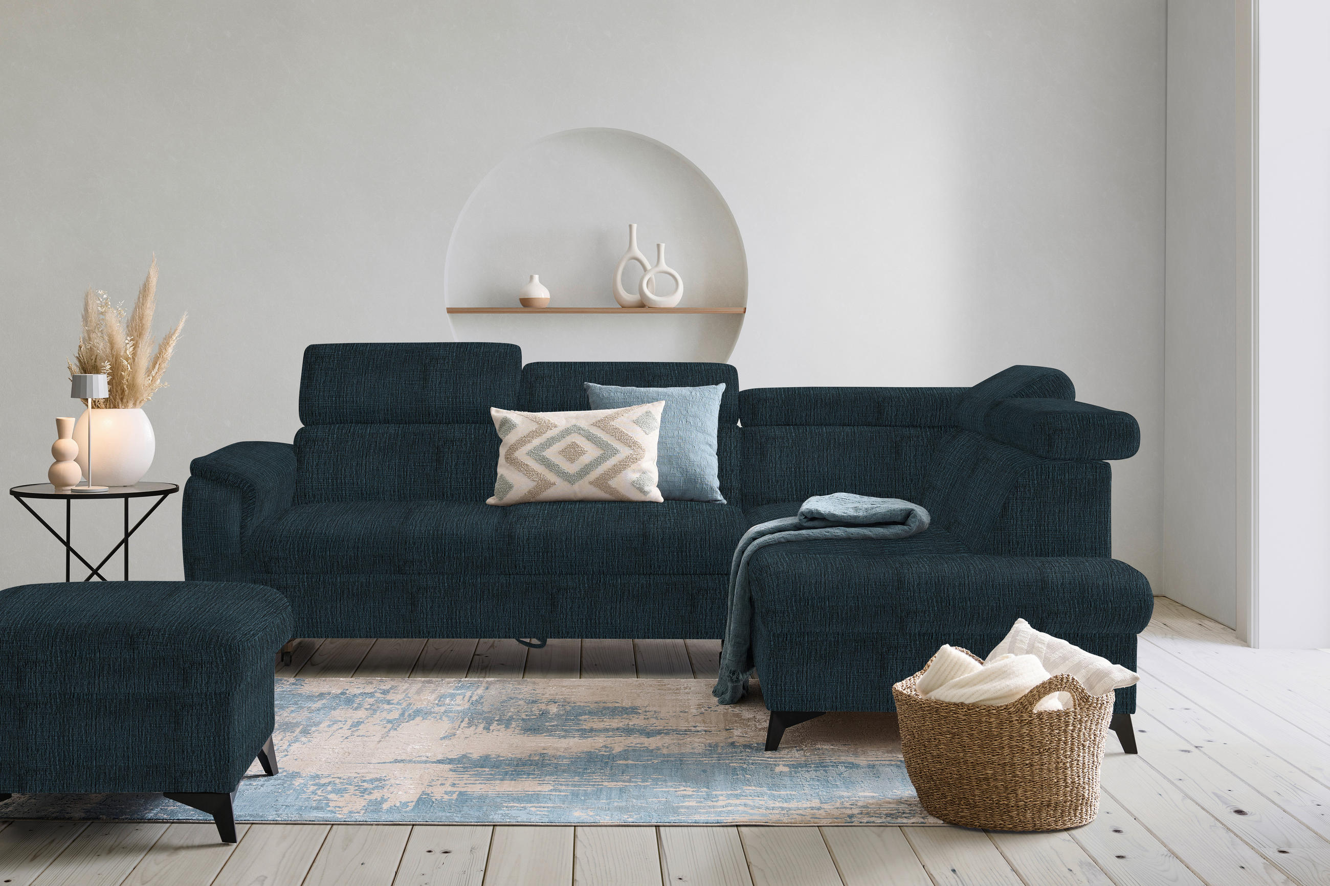 ECKSOFA in Flachgewebe Dunkelblau  - Schwarz/Dunkelblau, Design, Textil/Metall (260/203cm) - Stylife