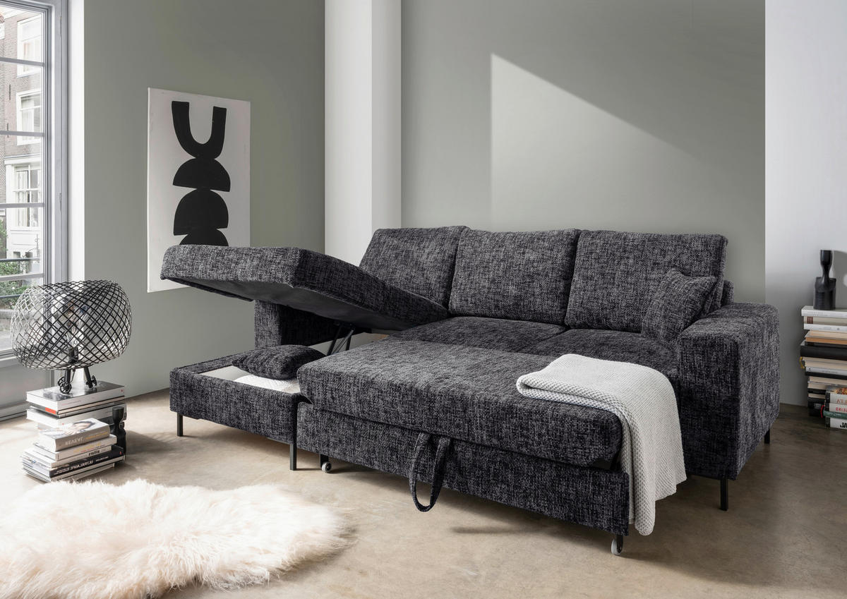 ECKSCHLAFSOFA  mit Rücken echt Struktur Schwarz  - Schwarz, KONVENTIONELL, Textil/Metall (143/237cm) - Livetastic