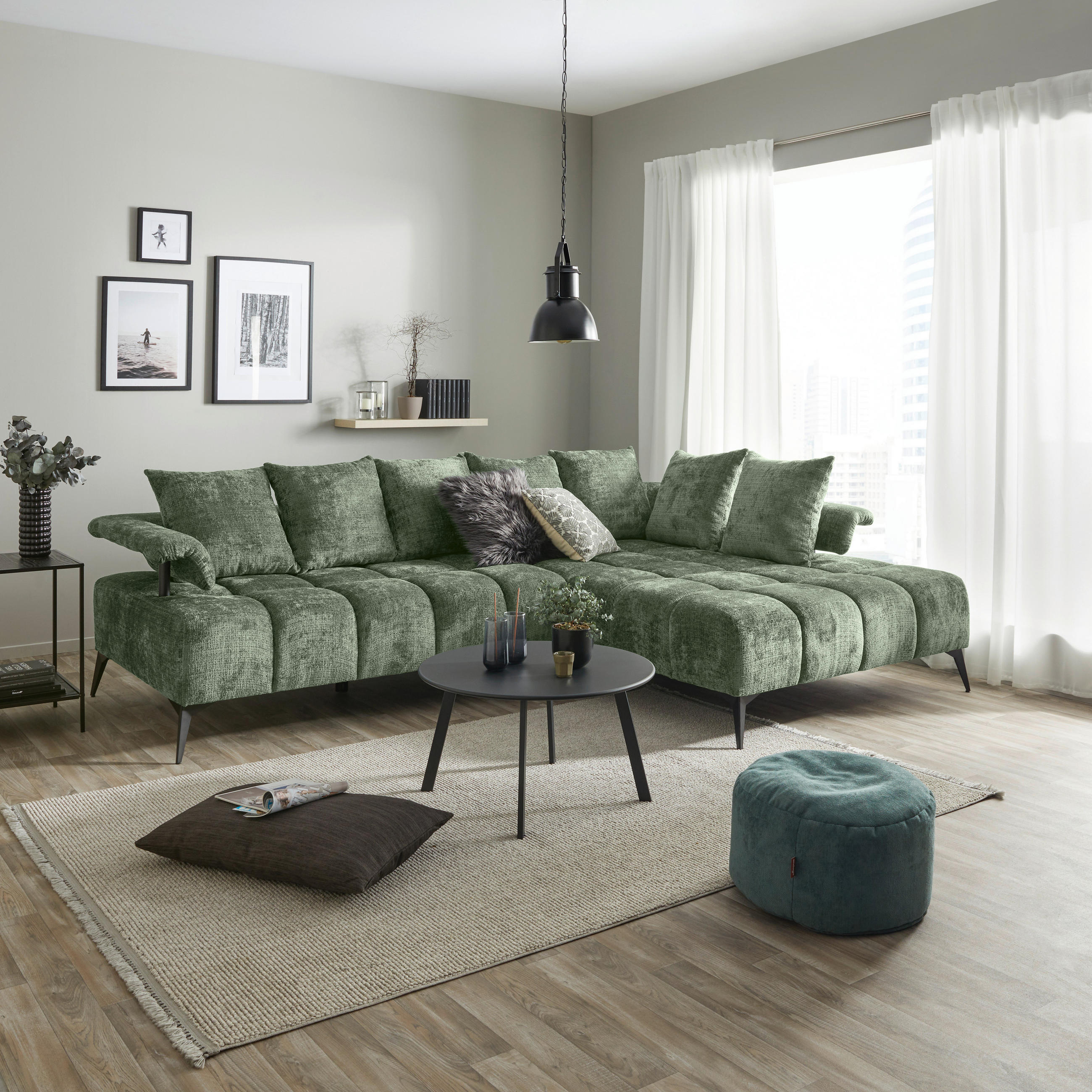 ECKSOFA in Flachgewebe Mintgrün  - Schwarz/Mintgrün, Modern, Kunststoff/Textil (297/200cm) - Livetastic