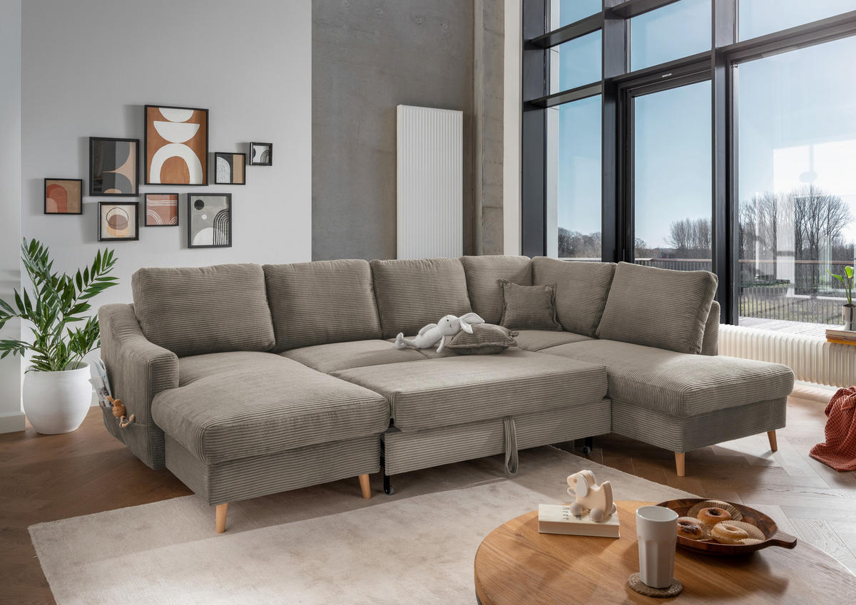 WOHNLANDSCHAFT Graubraun Cord  - Graubraun/Naturfarben, KONVENTIONELL, Holz/Textil (150/301/200cm) - P & B