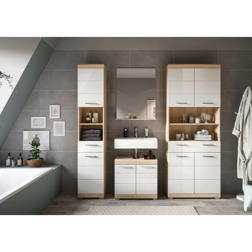 Thumbnail - Mid.you Hochschrank, Sonoma Eiche, Weiß Hochglanz, Kunststoff, 3 Fächer, 1 Schublade(n) Schubladen, 74x191x31 cm, FSC Mi...