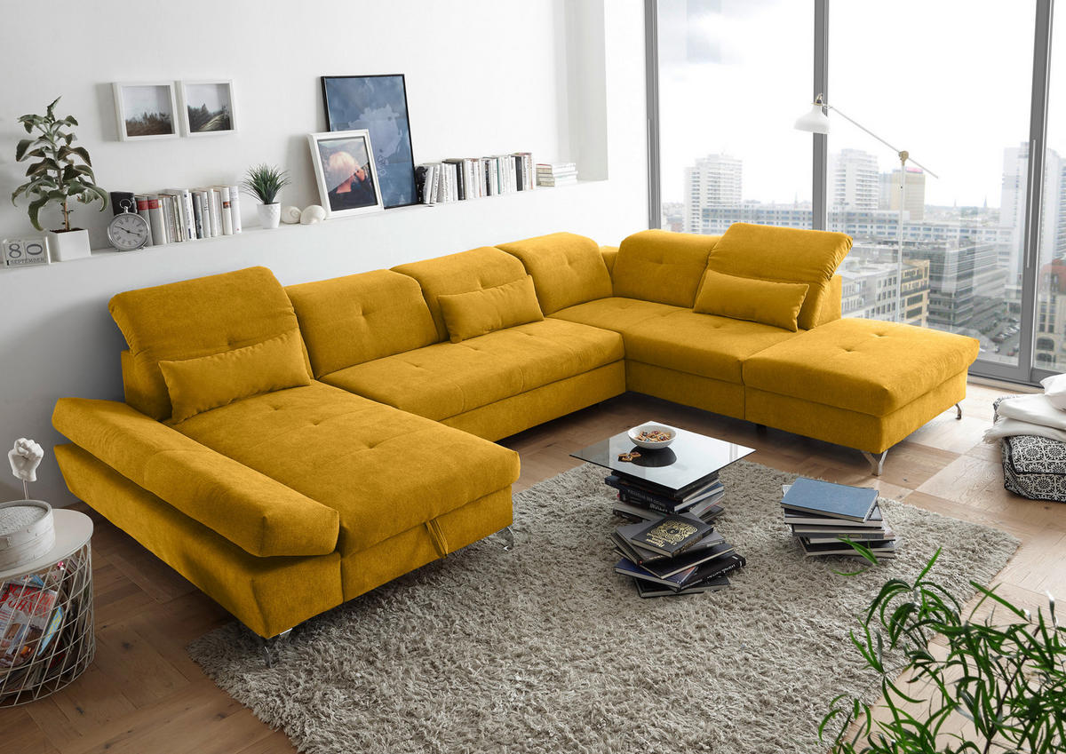 WOHNLANDSCHAFT in Mikrovelours Gelb  - Gelb/Silberfarben, Modern, Textil/Metall (168/350/245cm) - MID.YOU