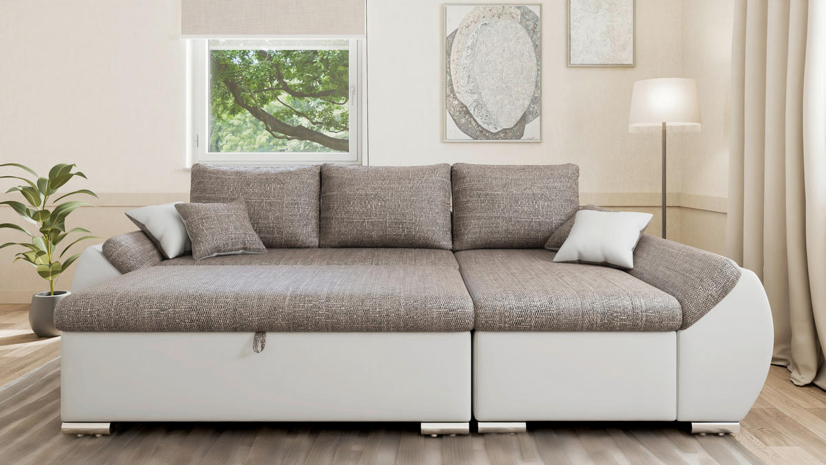 ECKSOFA  AURO Braun, Weiß  - Silberfarben/Braun, Design, Kunststoff/Textil (275/155cm) - MID.YOU