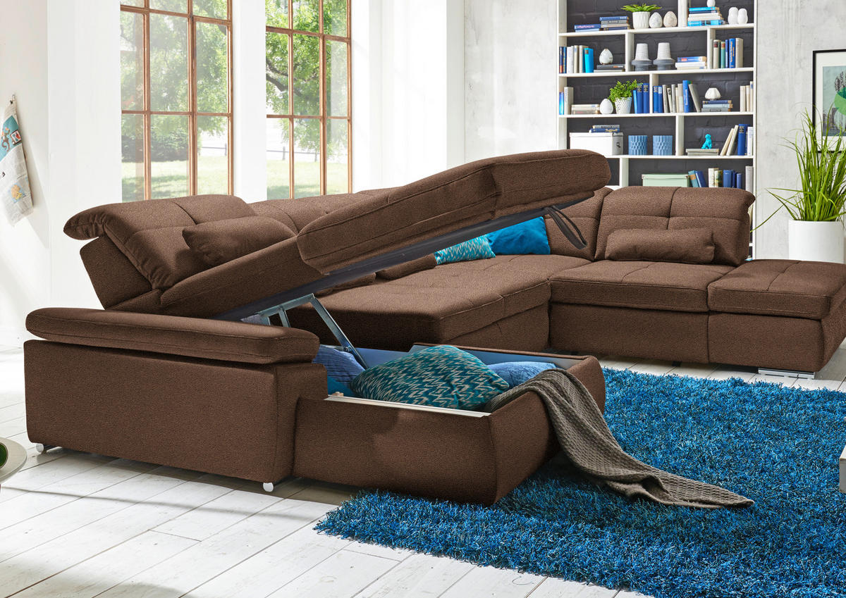 WOHNLANDSCHAFT  in Mikrofaser Haselnussfarben  - Chromfarben/Haselnussfarben, Design, Textil (195/371/260cm) - Beldomo Style