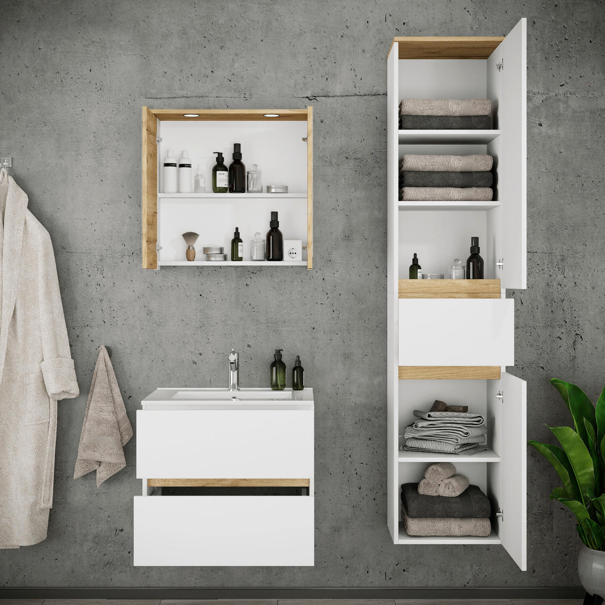 BADEZIMMER 4-teilig 101 cm  - Honigeiche/Weiss, Trend, Keramik/Holzwerkstoff (101cm) - MID.YOU