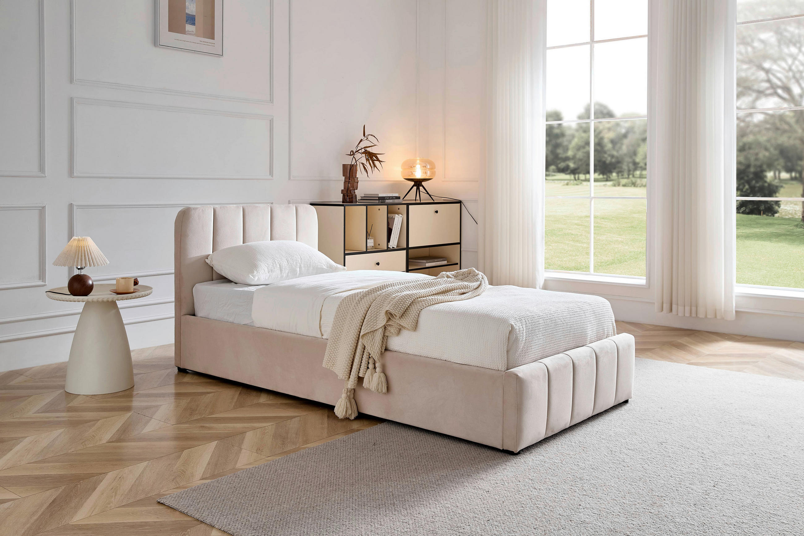 POLSTERBETT 90/200 cm, inkl. gepolstertes Kopfteil, Lattenrost, Bettkasten,  in Beige  - Beige/Schwarz, Design, Holz/Kunststoff (90/200cm) - Boxxx