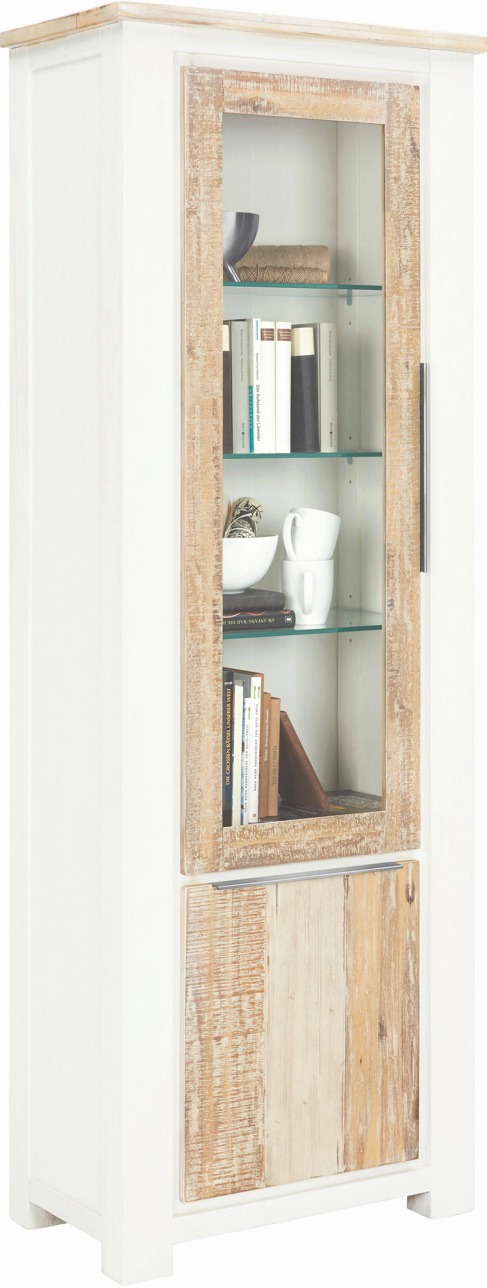 Vitrină, masiv, acacia alb, culoare lemn acacia  - argintiu/alb, Lifestyle, sticlă/metal (70/200/40cm) - Landscape