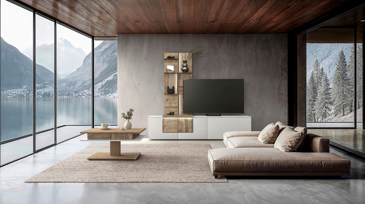 WOHNWAND VLACERA LIVING  in Weiß, Wildeiche  224/198/45 cm  - Wildeiche/Weiß, Design, Glas/Holz (224/198/45cm) - Voglauer