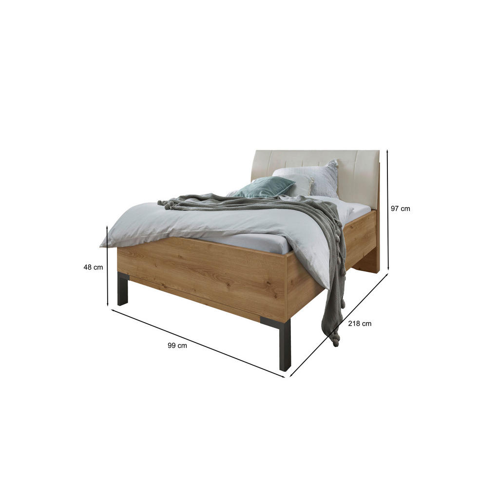 Thumbnail - Dieter Knoll Bett, Champagner, Eiche Bianco, Textil, 90x200 cm, ISO 9001, Goldenes M, Made in Germany, gepolstertes Kopf...