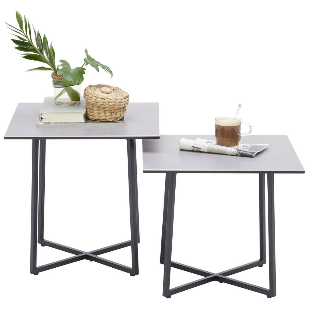 Thumbnail - Hom`in Couchtischset, Schwarz, Hellgrau, Metall, Glas, Keramik, 2-teilig, quadratisch, eckig, 45x45x45 cm, Wohnzimmer, W...