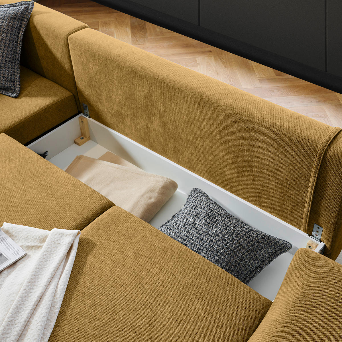 ECKSOFA inkl. Funktionen Senfgelb Webstoff Rückenkissen, Bettkasten, Schlaffunktion, Rücken echt  - Wengefarben/Senfgelb, Design, Holz/Textil (211/314cm) - Stylife