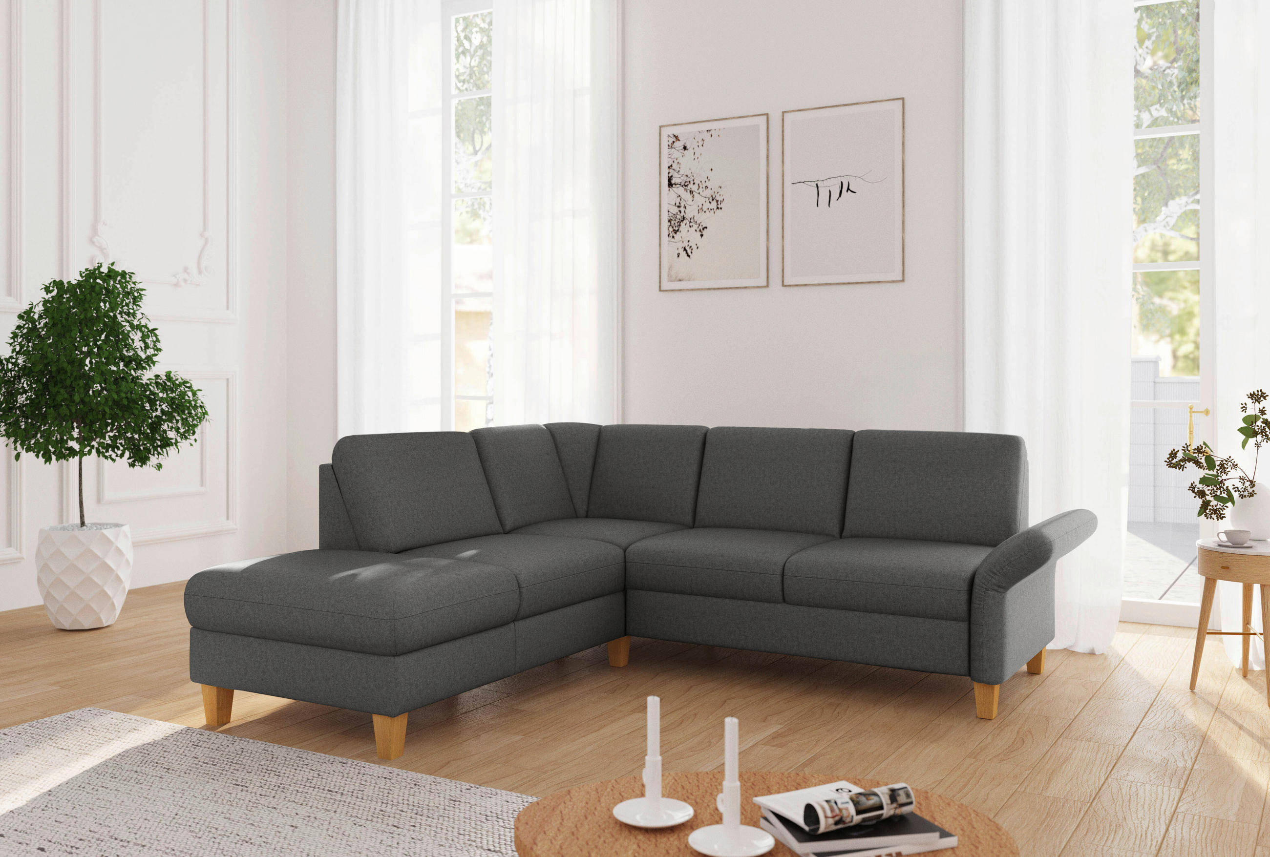 ECKSOFA ROCHELLE E Dunkelgrau Flachgewebe  - Eichefarben/Dunkelgrau, KONVENTIONELL, Holz/Textil (216/240cm) - Sit & More