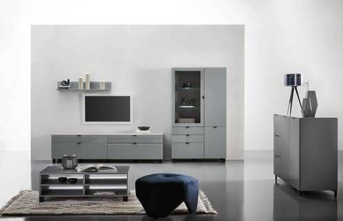 VITRINE in Grau, Hellgrau - Hellgrau/Schwarz, Design, Glas/Holzwerkstoff (109,7/190,7/41,4cm) - Hom`in