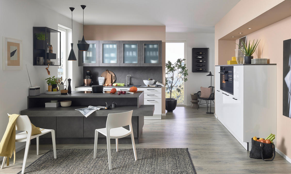 KUCHYNĚ NA MÍRU DK411 - šedá/vysoce lesklá bílá, Design, kompozitní dřevo - Dieter Knoll