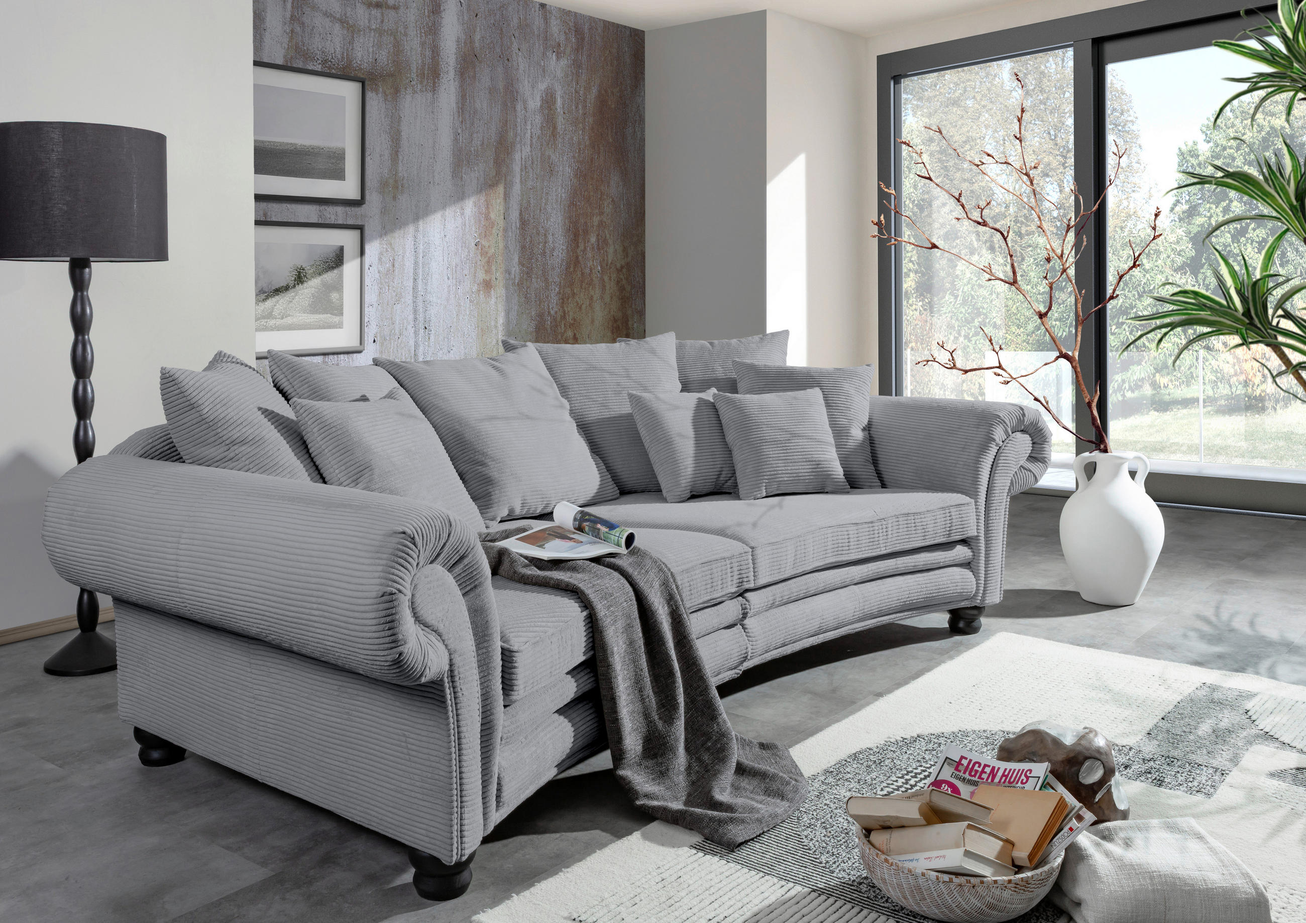 MEGASOFA Cord Hellgrau  - Hellgrau/Schwarz, ROMANTIK / LANDHAUS, Holz/Textil (276/81/140cm) - Landscape