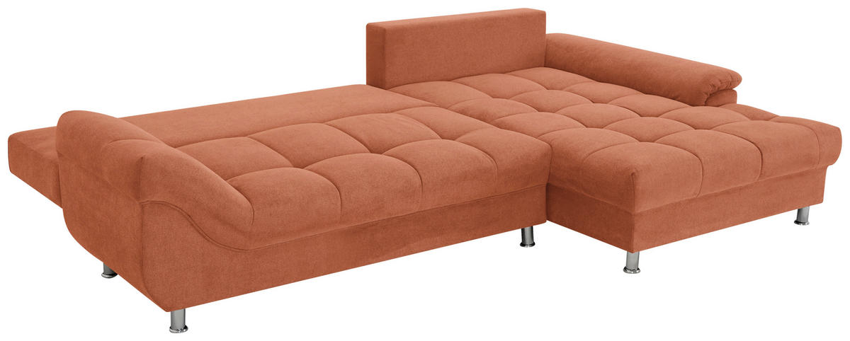 ECKSOFA in Flachgewebe, Mikrofaser Cognac  - Chromfarben/Cognac, Design, Kunststoff/Textil (312/198cm) - Livetastic