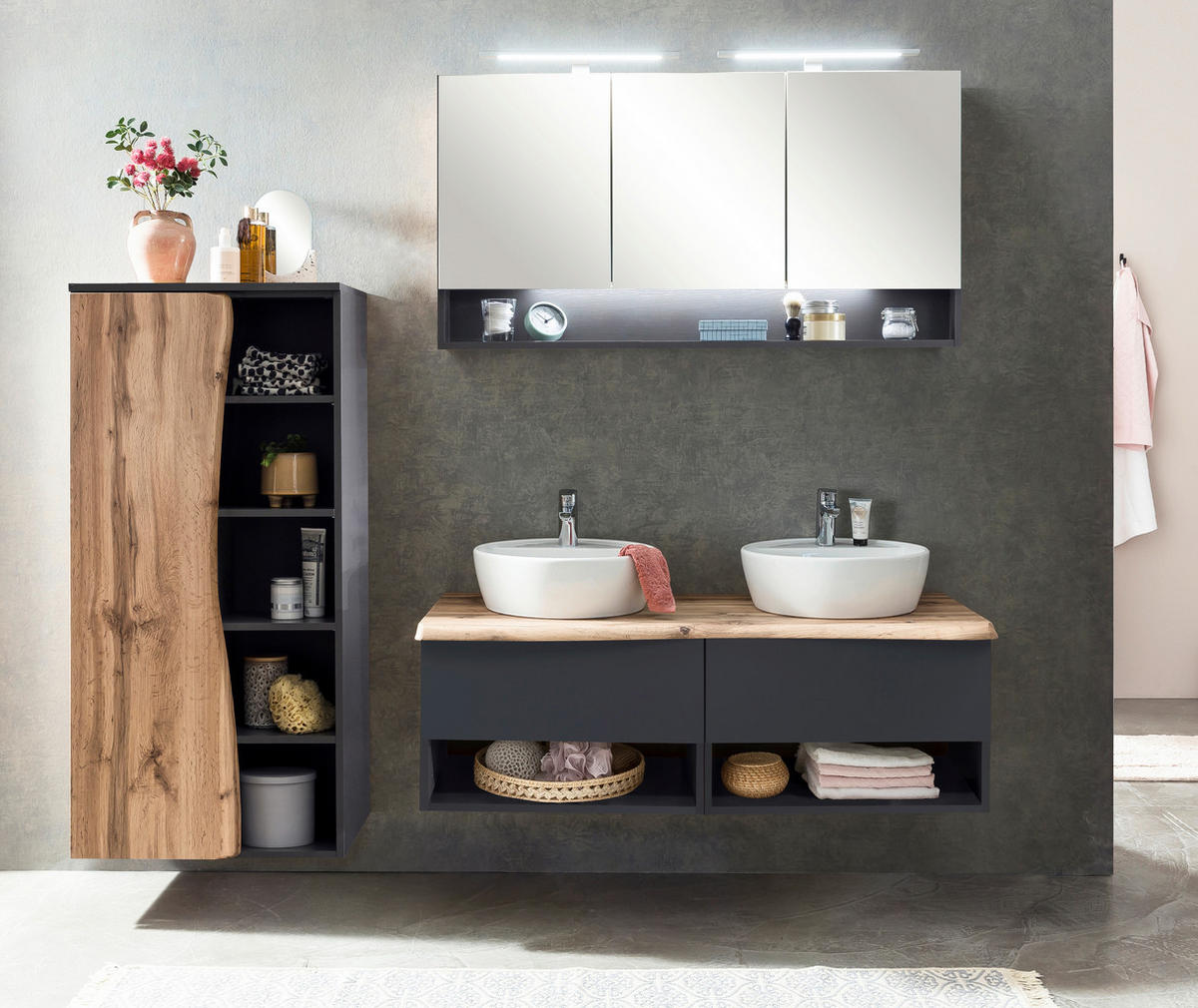 WASCHTISCHKOMBI 121 cm  - Graphitfarben/Weiß, Natur, Keramik/Holzwerkstoff (121cm) - Xora