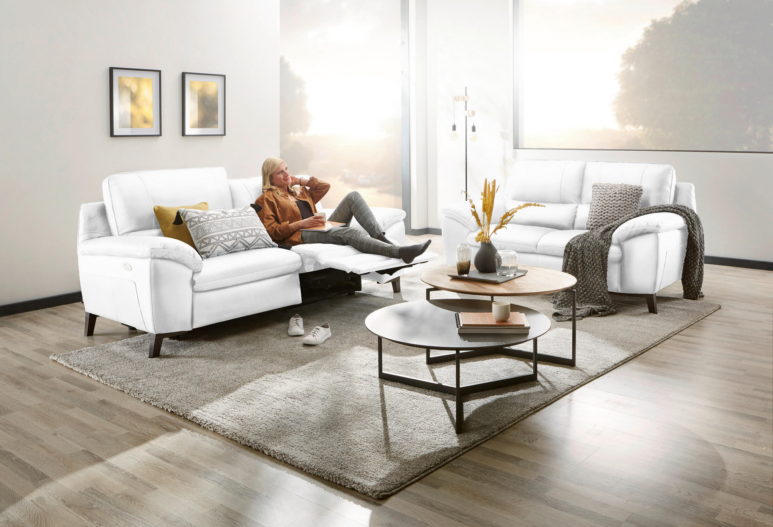 2-SITZER-SOFA in Kombination Echtleder/Lederlook Weiß  - Wengefarben/Weiß, Design, Leder/Holz (174/97/95cm) - Livetastic