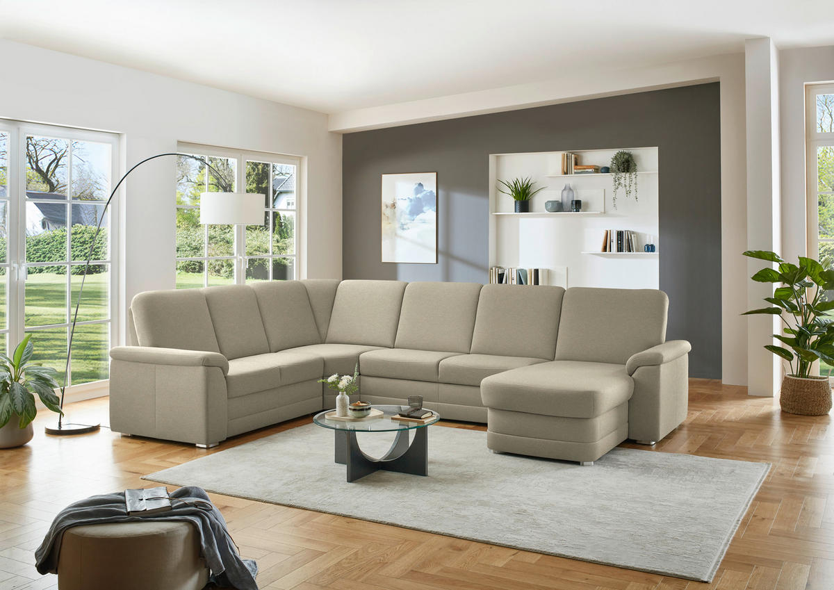 WOHNLANDSCHAFT  in Chenille Sandfarben  - Sandfarben/Alufarben, KONVENTIONELL, Holz/Textil (235/329/160cm) - Beldomo Comfort