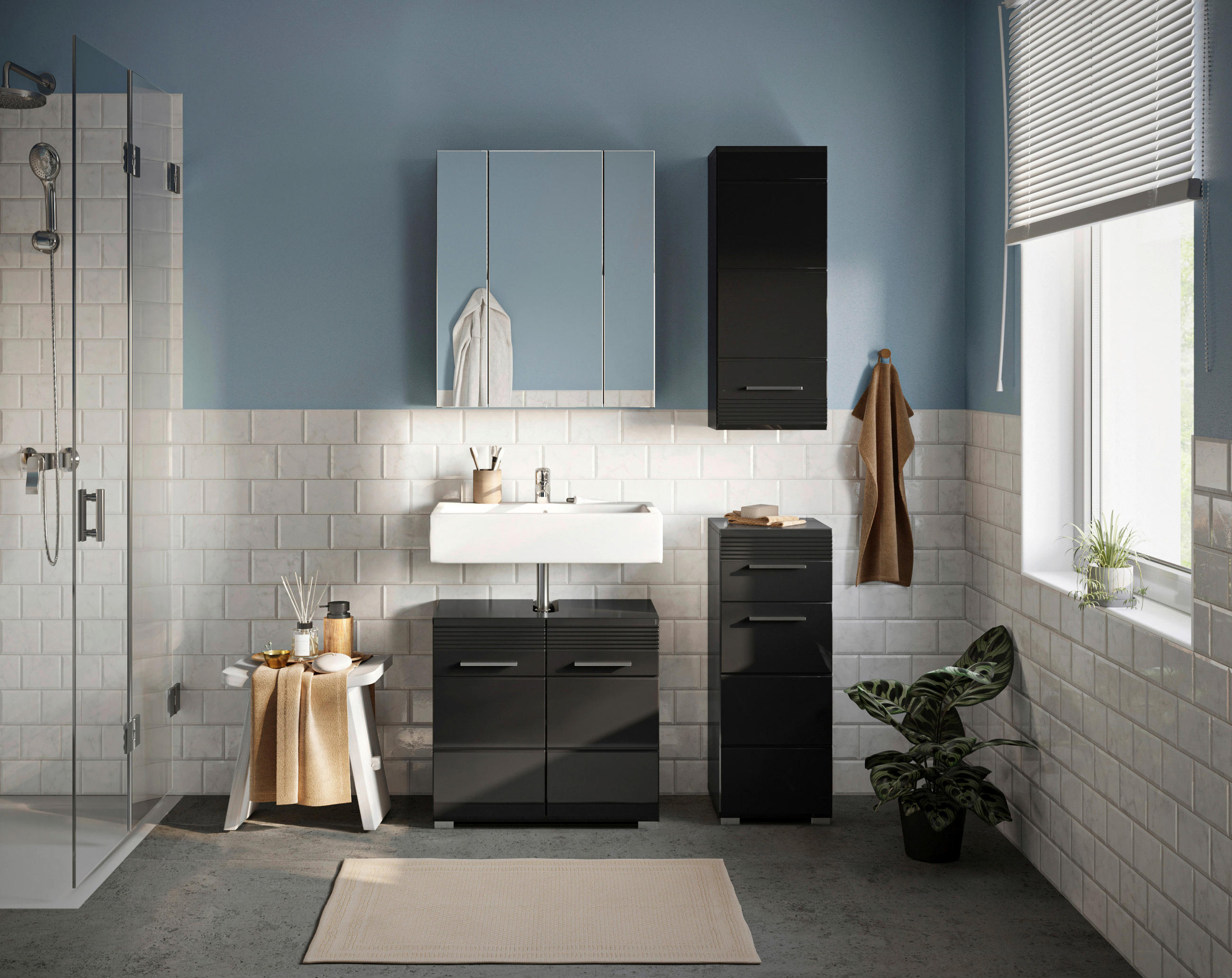 BADEZIMMER 4-teilig  in 90 cm  - Schwarz Hochglanz/Silberfarben, MODERN, Glas/Holzwerkstoff (90cm) - MID.YOU