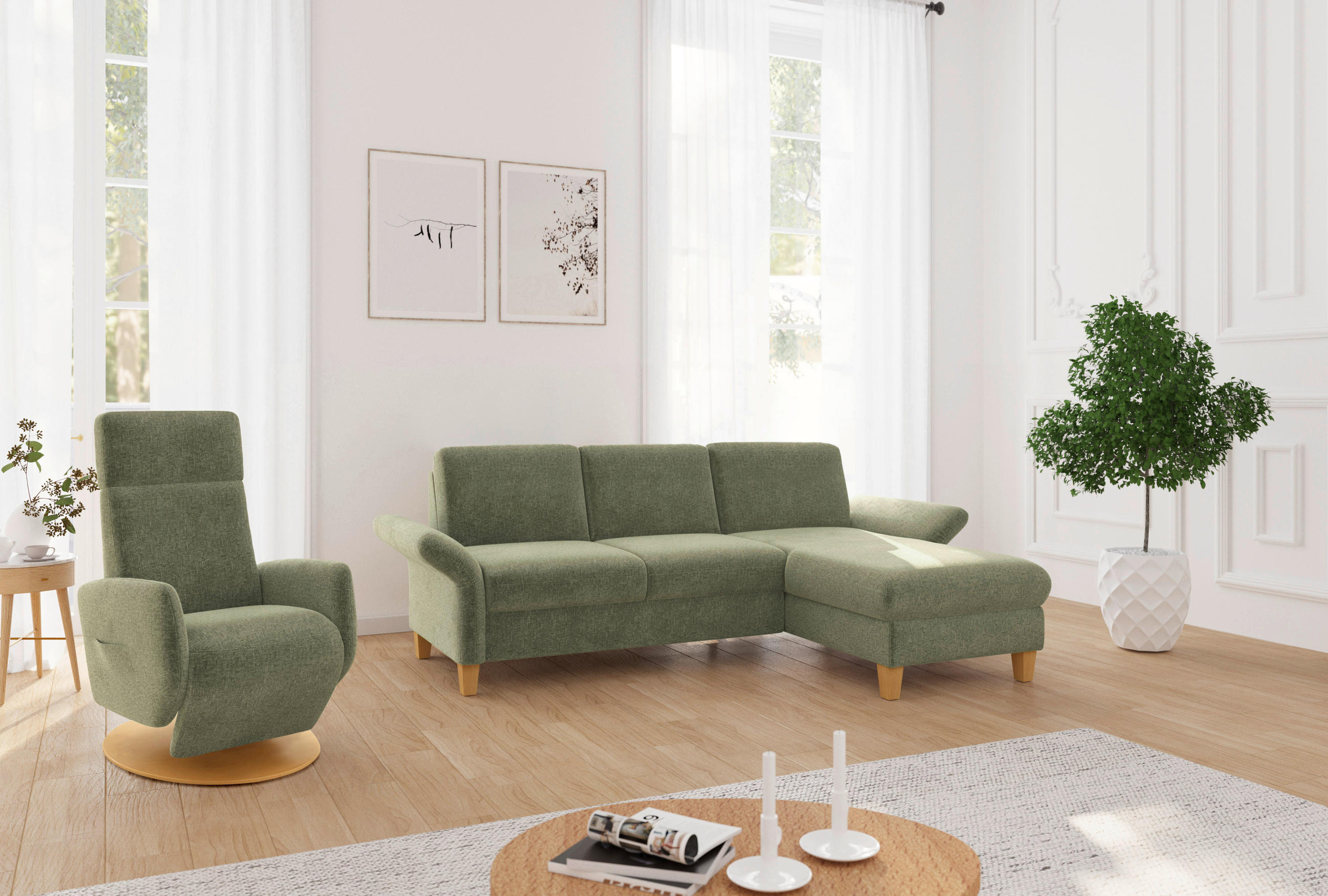 ECKSOFA in Flachgewebe Hellgrün  - Eichefarben/Hellgrün, Konventionell, Holz/Textil (251/164cm) - Sit & More
