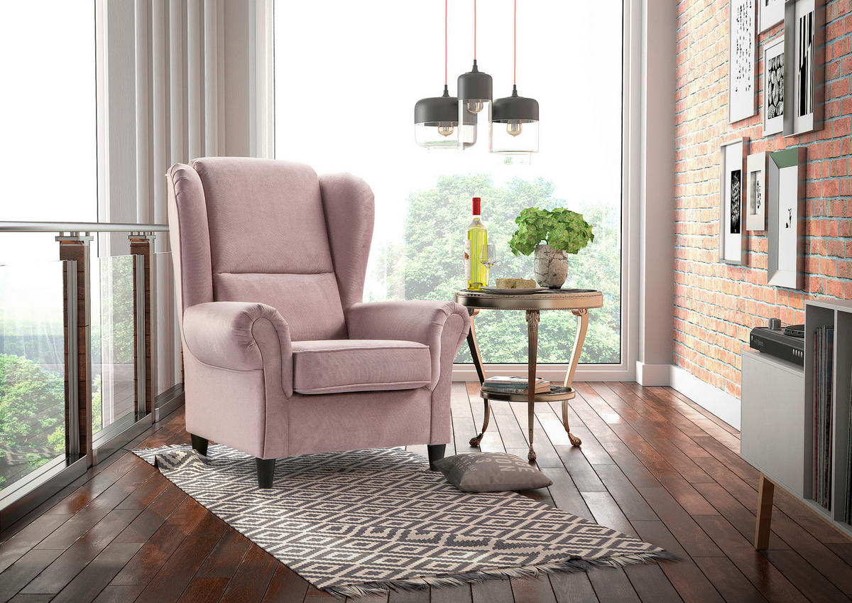 OHRENSESSEL Plüsch Rosa  - Schwarz/Rosa, Design, Holz/Textil (94/112/92cm) - MID.YOU