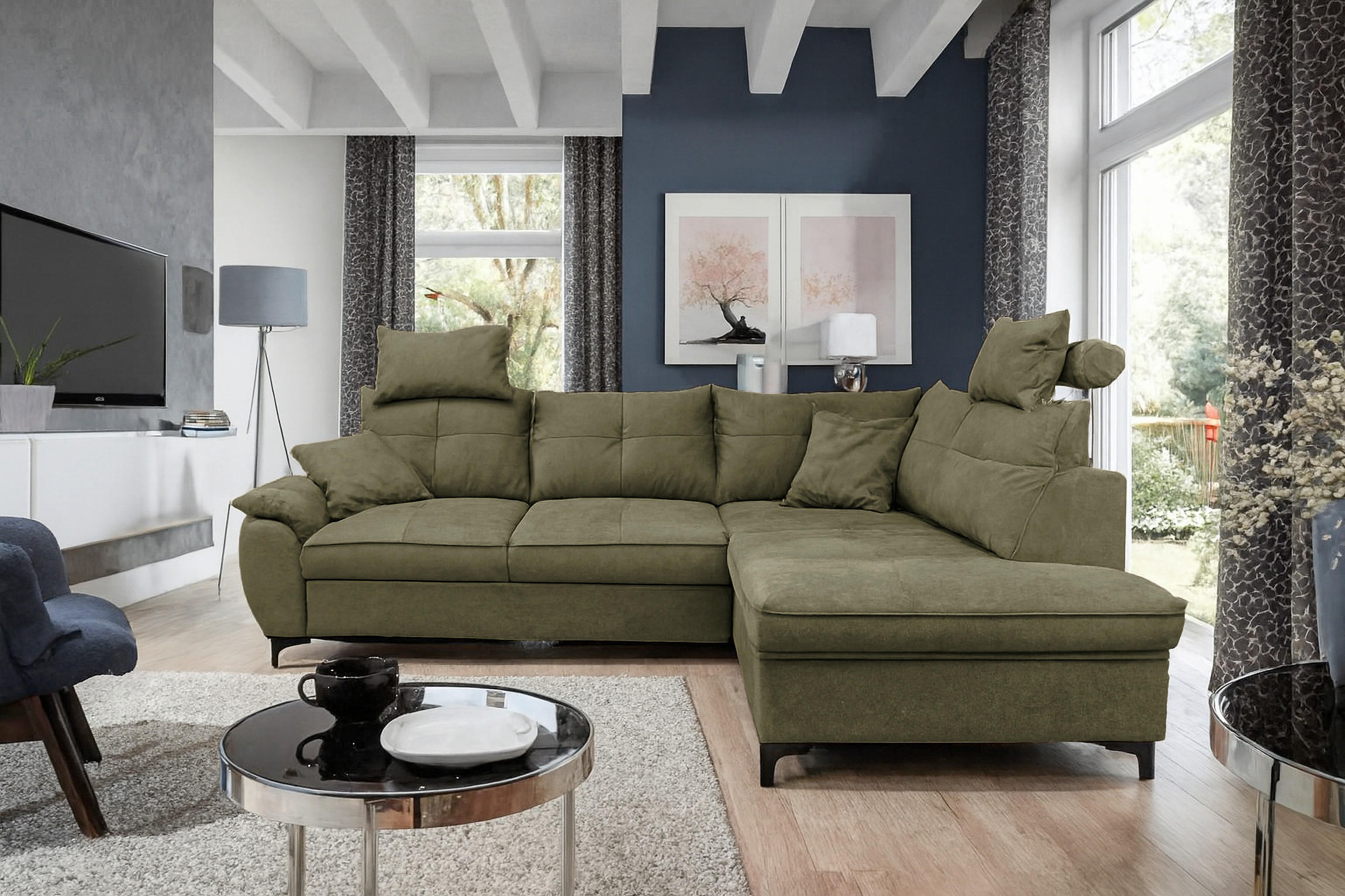 ECKSOFA SOLEI Grün Chenille Zierkissen, Bettkasten, Kopfstütze  - Schwarz/Grün, Design, Kunststoff/Textil (265/203cm) - MID.YOU