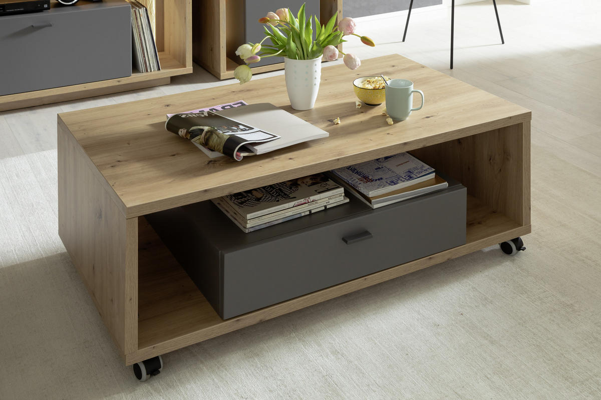 SOFFBORD i trämaterial 115/65/43 cm  - grå/ekfärgad, Design, metall/trämaterial (115/65/43cm) - MID.YOU