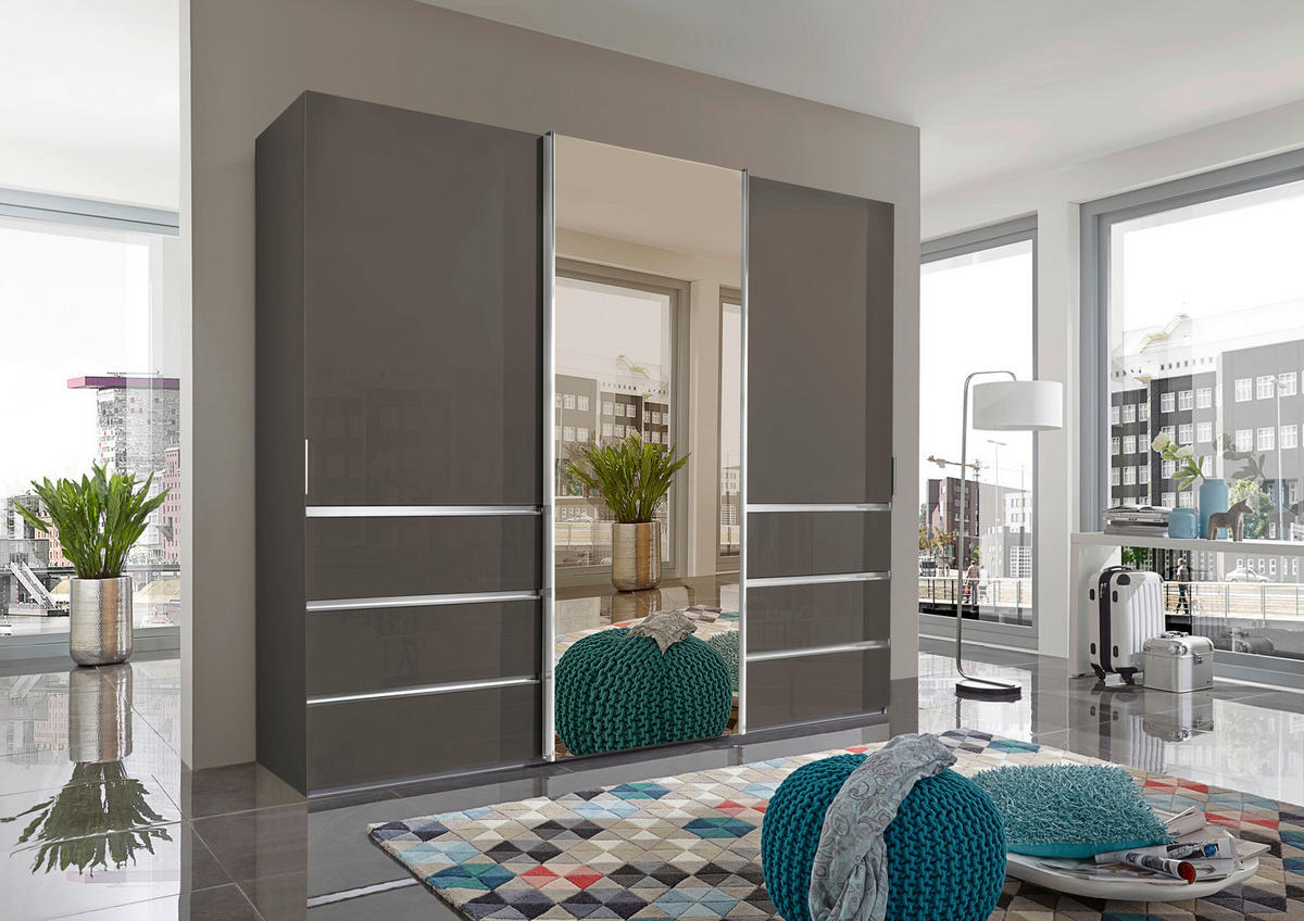SCHWEBETÜRENSCHRANK in Dunkelgrau  - Chromfarben/Dunkelgrau, Design, Glas/Holzwerkstoff (250/217/67cm) - Novel