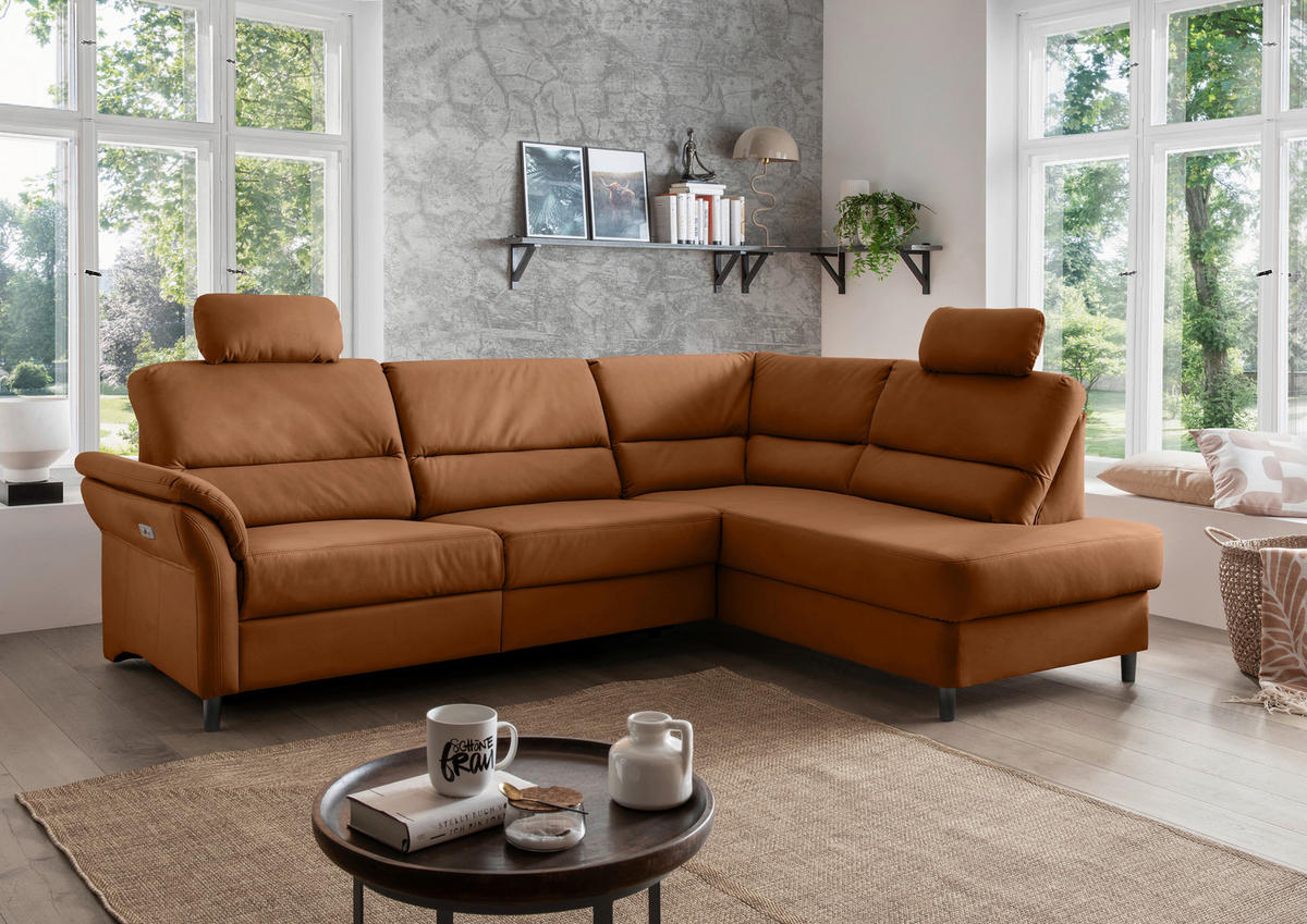 ECKSOFA in Lederlook Cognac  - Cognac/Schwarz, Modern, Holz/Textil (266/190cm) - Livetastic