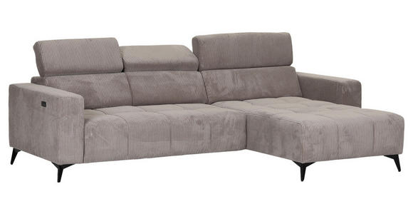 ECKSOFA Taupe Cord Rücken echt, Kopfteilverstellung, Sitzvorzug  - Taupe/Schwarz, KONVENTIONELL, Textil/Metall (257/170cm) - Carryhome