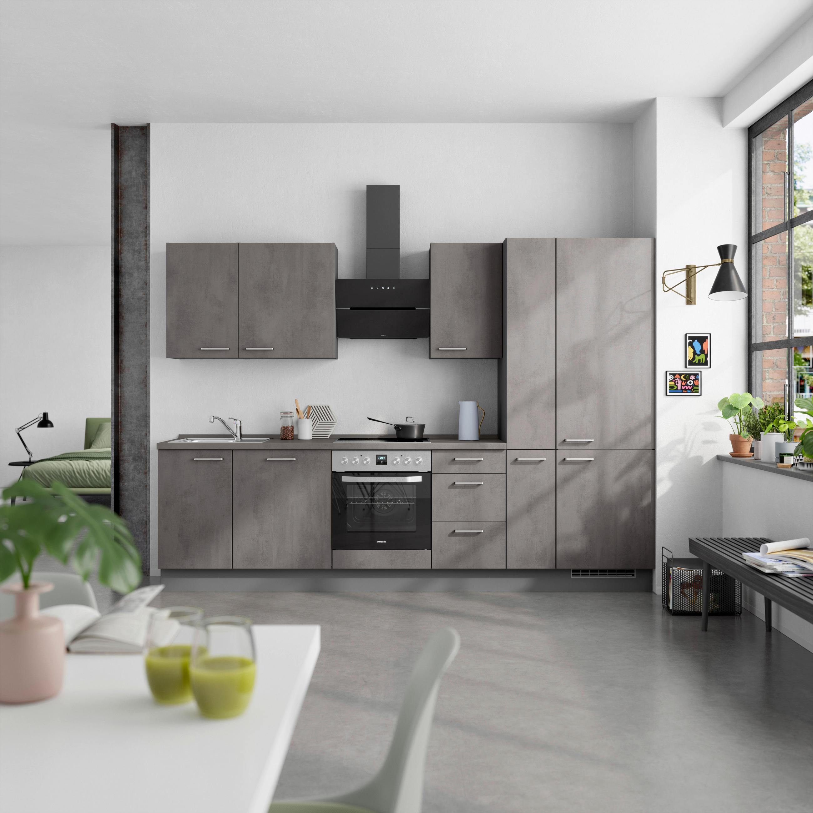KÜCHENBLOCK Riva 300 cm  in Schieferfarben  - Schieferfarben/Edelstahlfarben, MODERN, Holzwerkstoff/Metall (300cm) - Nobilia