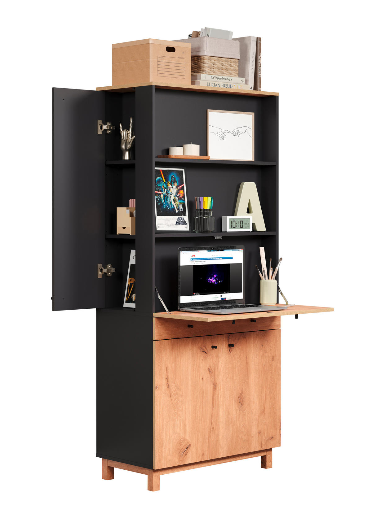SEKRETÄR  klappbar, Stauraum  - Eichefarben/Schwarz, MODERN, Holzwerkstoff/Kunststoff (76/175/41cm) - Boxxx