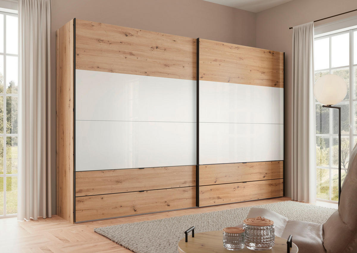 SCHWEBETÜRENSCHRANK 306/222/68 cm 2-türig Weiß, Eiche Artisan  - Schwarz/Weiß, Design, Glas/Holzwerkstoff (306/222/68cm) - Dieter Knoll