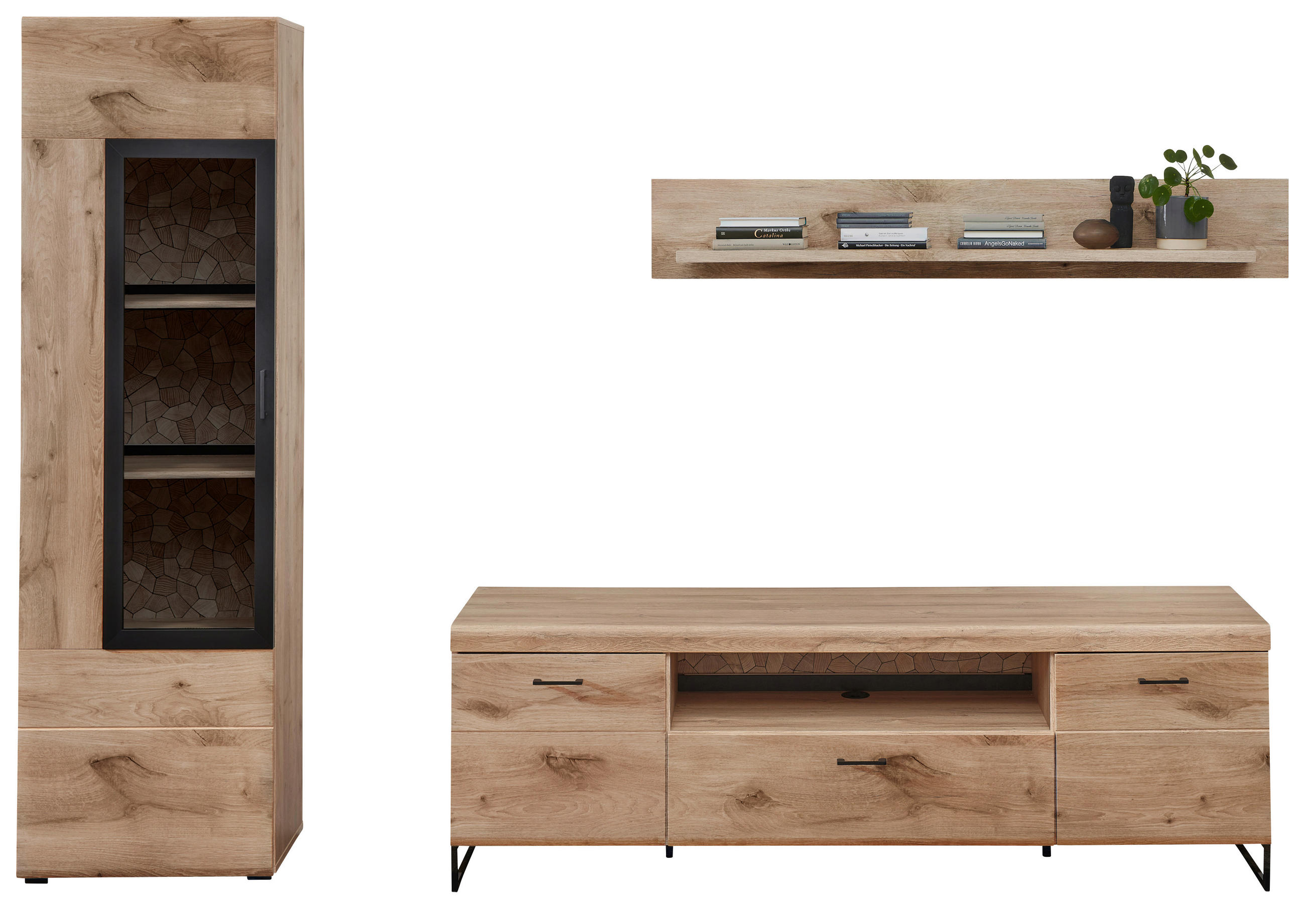 WOHNWAND Schwarz, Eichefarben Einlegeböden - Eichefarben/Schwarz, KONVENTIONELL, Holzwerkstoff/Metall (285/204/48cm) - Stylife