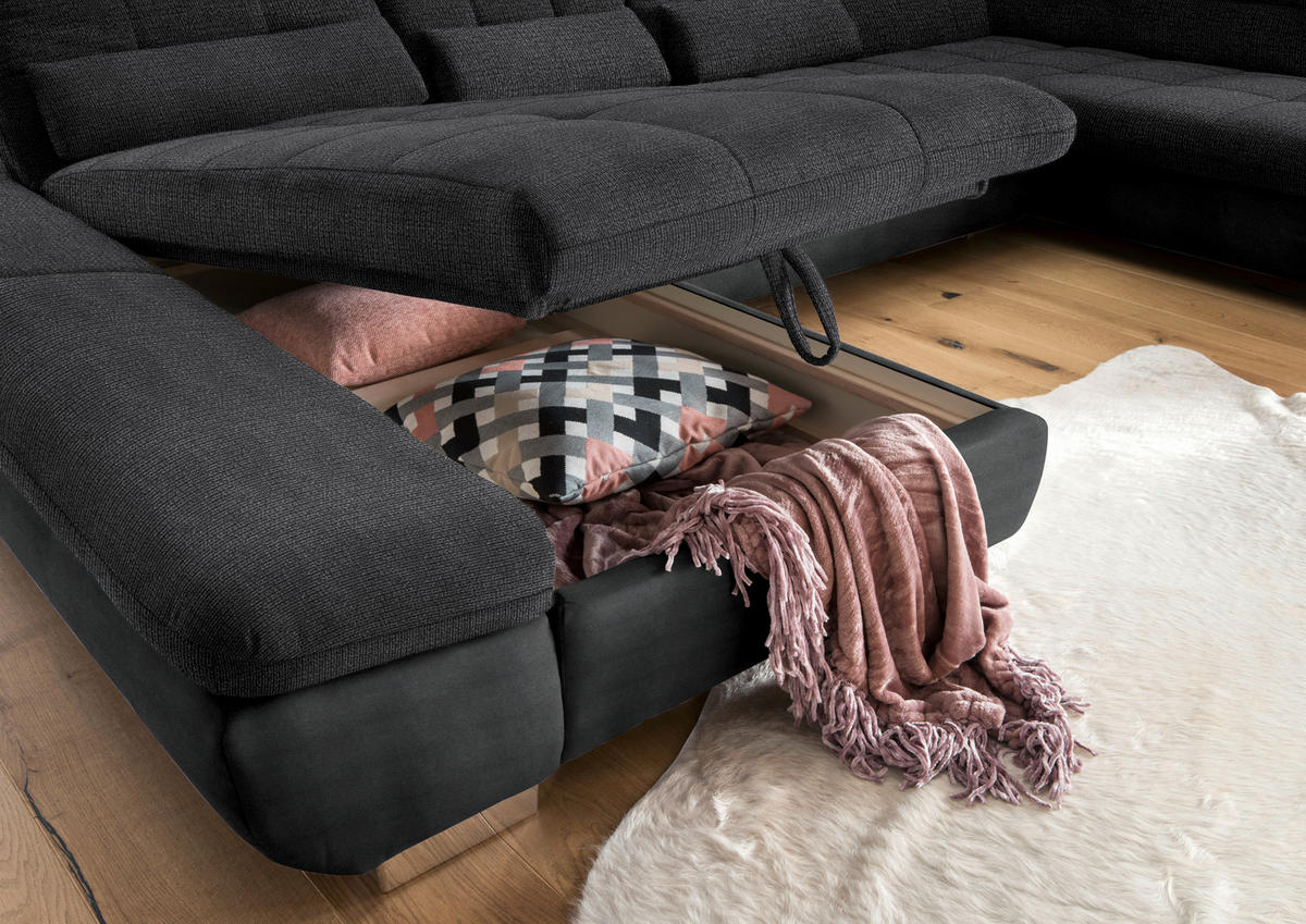 WOHNLANDSCHAFT in Mikrofaser Graphitfarben  - Chromfarben/Graphitfarben, Design, Kunststoff/Textil (204/350/211cm) - Xora