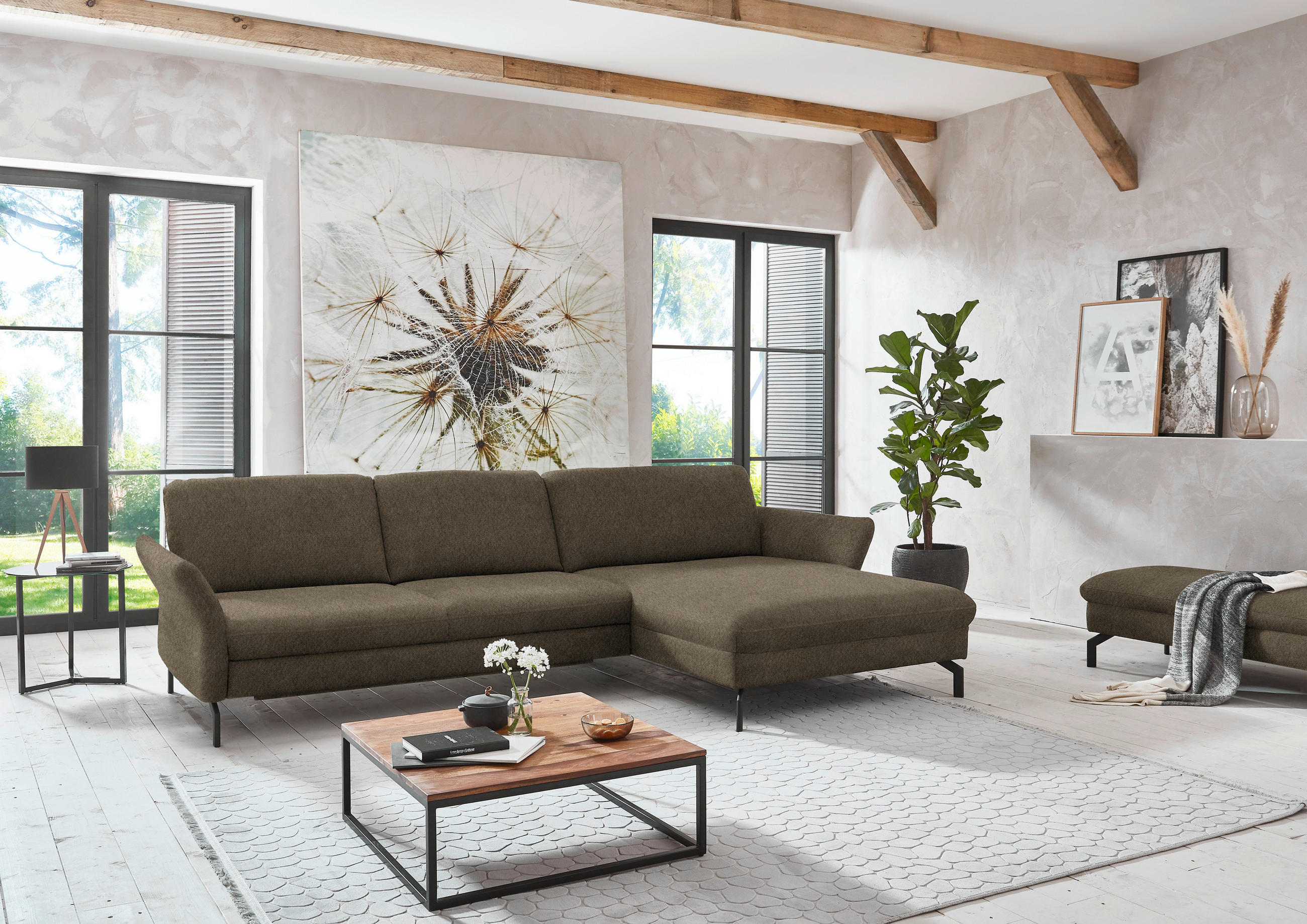 ECKSOFA in Velours Graubraun  - Graubraun/Schwarz, Design, Textil/Metall (306/179cm) - Beldomo System