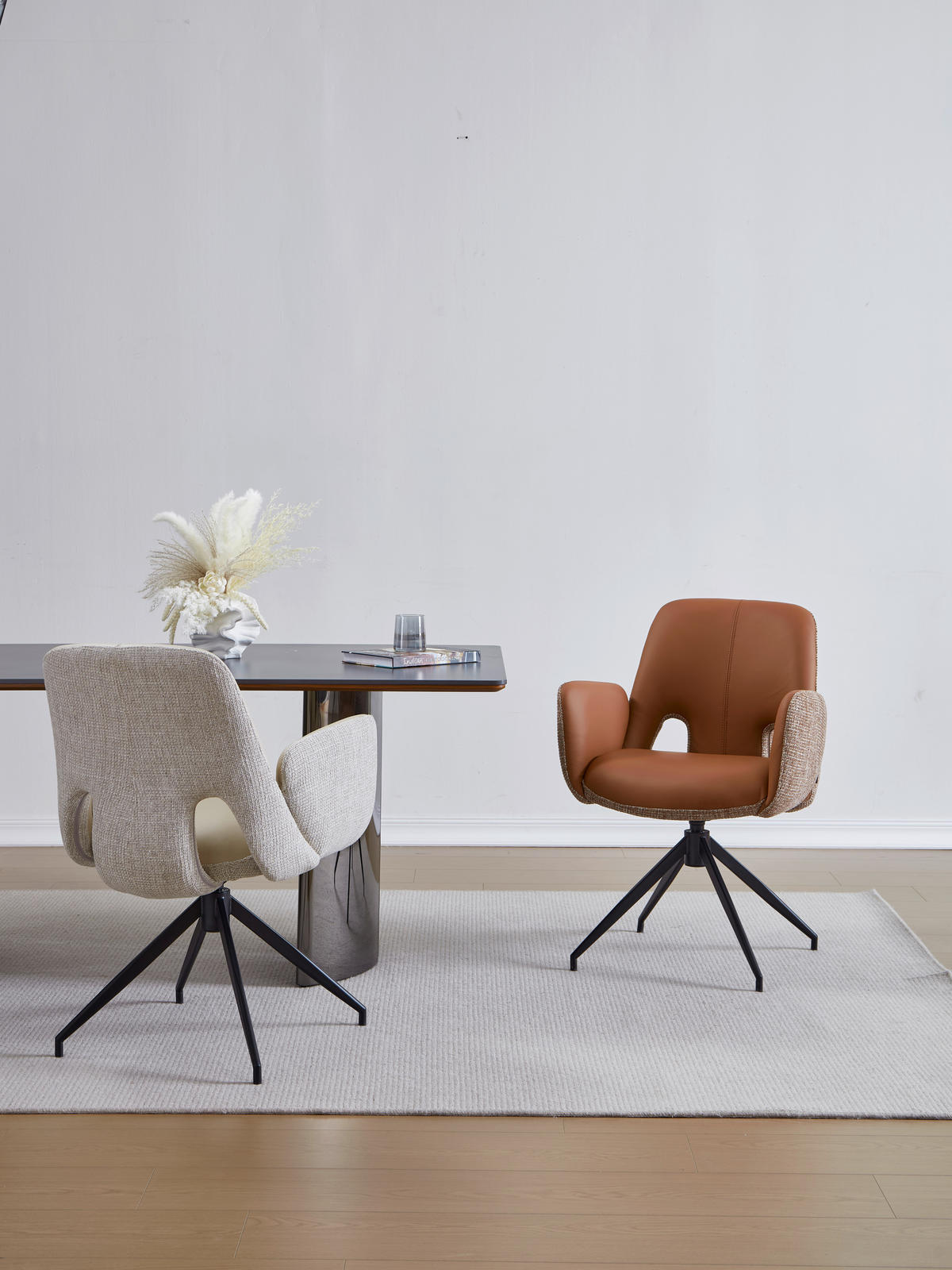 ARMLEHNSTUHL  Sitzfläche 360° drehbar, automatische Rückholfunktion Leinenoptik Echtleder  - Cognac/Schwarz, Design, Leder/Textil (60/85/62cm) - Dieter Knoll