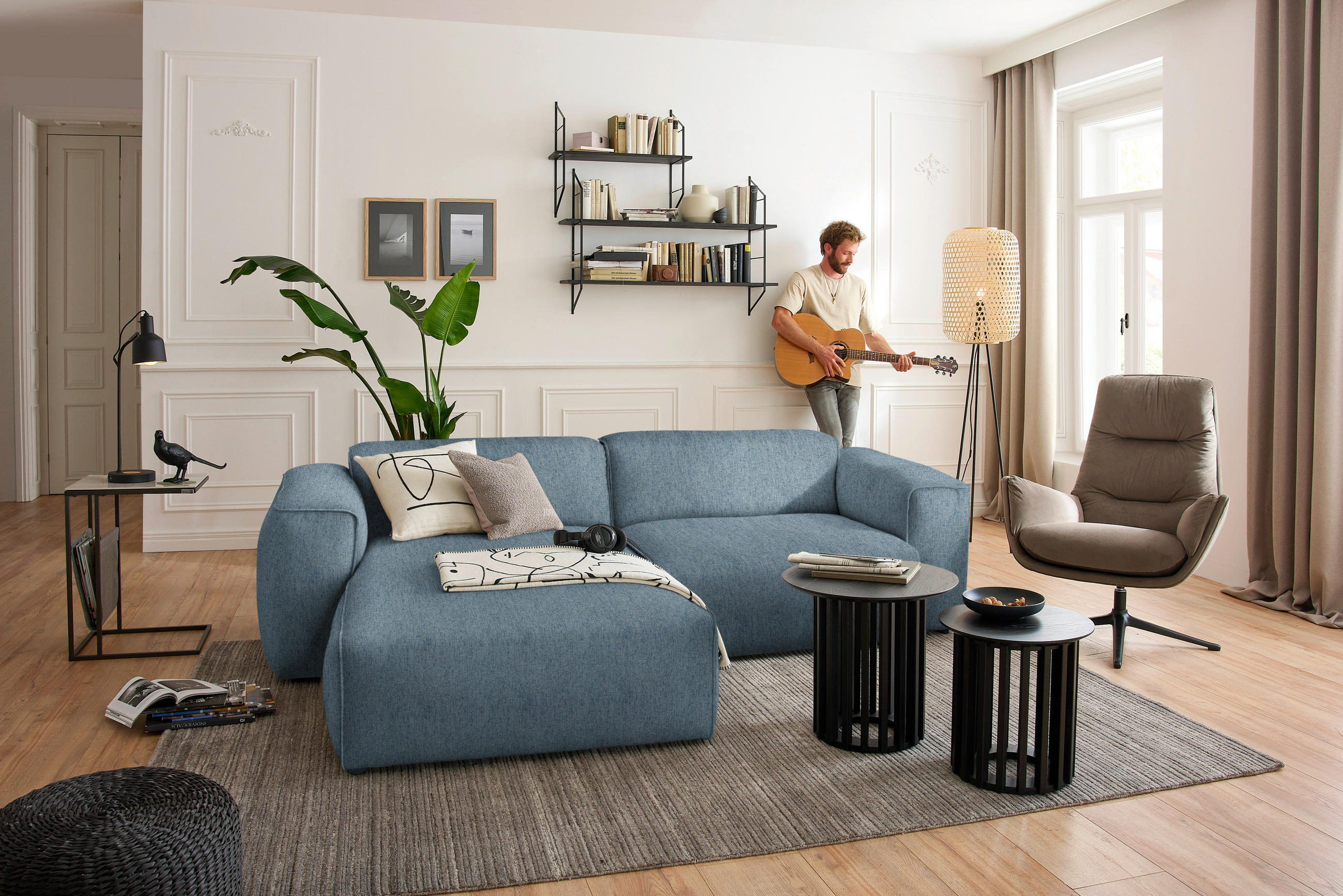 ECKSOFA in Webstoff Blau  171/265 cm  - Blau/Schwarz, Design, Kunststoff/Textil (171/265cm) - home24