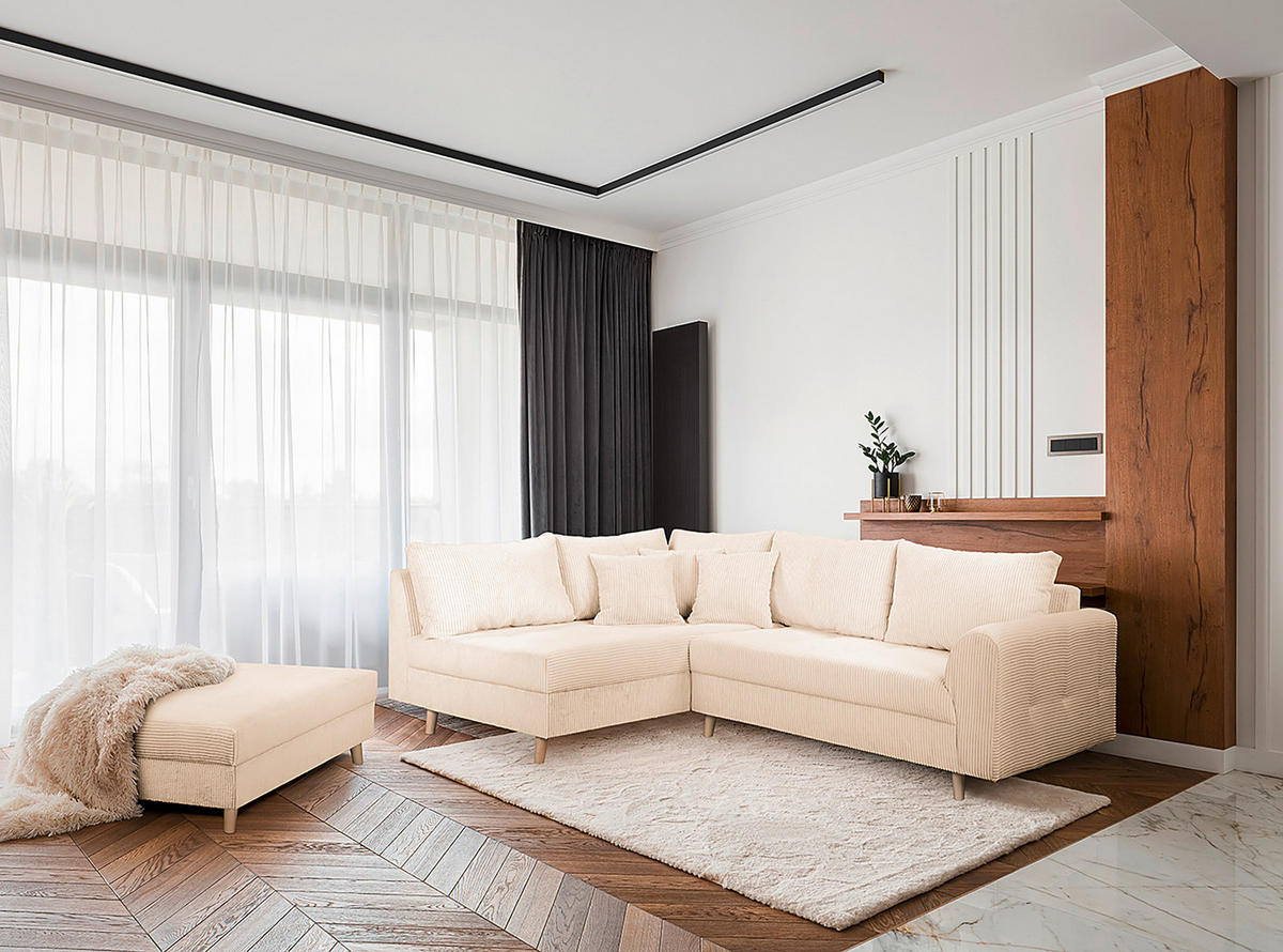 ECKSOFA inkl. Hocker Ariella Creme Cord  - Creme/Naturfarben, Design, Holz/Textil (161/231cm) - Livetastic